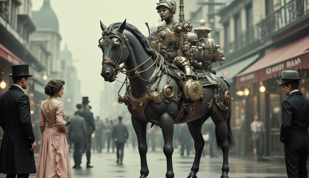 (best quality, 128k,highres,masterpiece:1.2),ultra-detailed,(realistic,photorealistic,photo-realistic:1.37), ((masterpiece)) ((photography)) ((Highest quality)) A vintage, steam-powered mechanical horse, intricately designed with brass details, polished copper pipes, and glass elements, walks with a soft hiss along a fog-covered cobblestone street in an early 20th-century city. The mist creates a mysterious ambiance, shrouding the scene in an ethereal glow. In the foreground, a fashionable woman in a pink Victorian dress, adorned with lace and delicate embellishments, stands elegantly, her eyes filled with curiosity as she gazes at the mechanical creature. Beside her, another woman in period attire observes, while a well-dressed man in a dark coat stands nearby, his expression thoughtful as he watches the steam-powered horse. The architecture of the buildings in the background, with their ornate facades and iron street lamps, reflects the historical era, enhancing the bustling atmosphere of this intriguing, steampunk-infused moment.