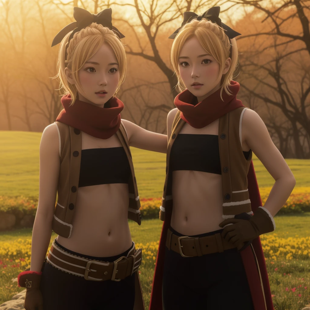 è²é²ç¹, 1 girl,Blonde, red eyes, Crown Blade,  black bow  , short hair, ,Hair between the eyebrows,bangs,hair bow,Alone,笑face,Outdoor, full body,
 Red Scarf ,black bandeau, cropped jacket, brown jacket, flat chest, clevis on a stone, sleeveless,Bare shoulders, Sheathed  , ãÃ¼ãÃÃ¤Ã³,belt,midriff,belly button,,茶colorのベスト, fur trim gloves , brown gloves ,between legs,belly button,One Side Pants , black pants , open vests,ribbon,spring,Flower Field,lens_Flare,,  precise visual,  high definition ,masterpiece,Highest quality,, 18 years old, young woman, 本の beautiful指の下を見てください, beautiful長い脚, beautifulボディ, beautiful鼻, beautifulキャラクターデザイン,  perfect eyes, perfect face,expressive eyes,
 Official Art, Highly Detailed CG Unity 8K Wallpaper, 完璧なillumination, colorful ,  bright _Front_face_illumination, Shiny Skin , 
(masterpiece:1.0),(Highest_quality:1.0), 超 high res,4K, ULTRA DETAIL,
photograph, 8k,  high res,  high res,  absurd:1.2,  Kodak Portra 400,  film grain, Blurred Background, Bokeh:1.2, lens Flare, ( vibrant_color:1.2), ( beautiful_face:1.5),(Narrow _ waist), ,nsfw,