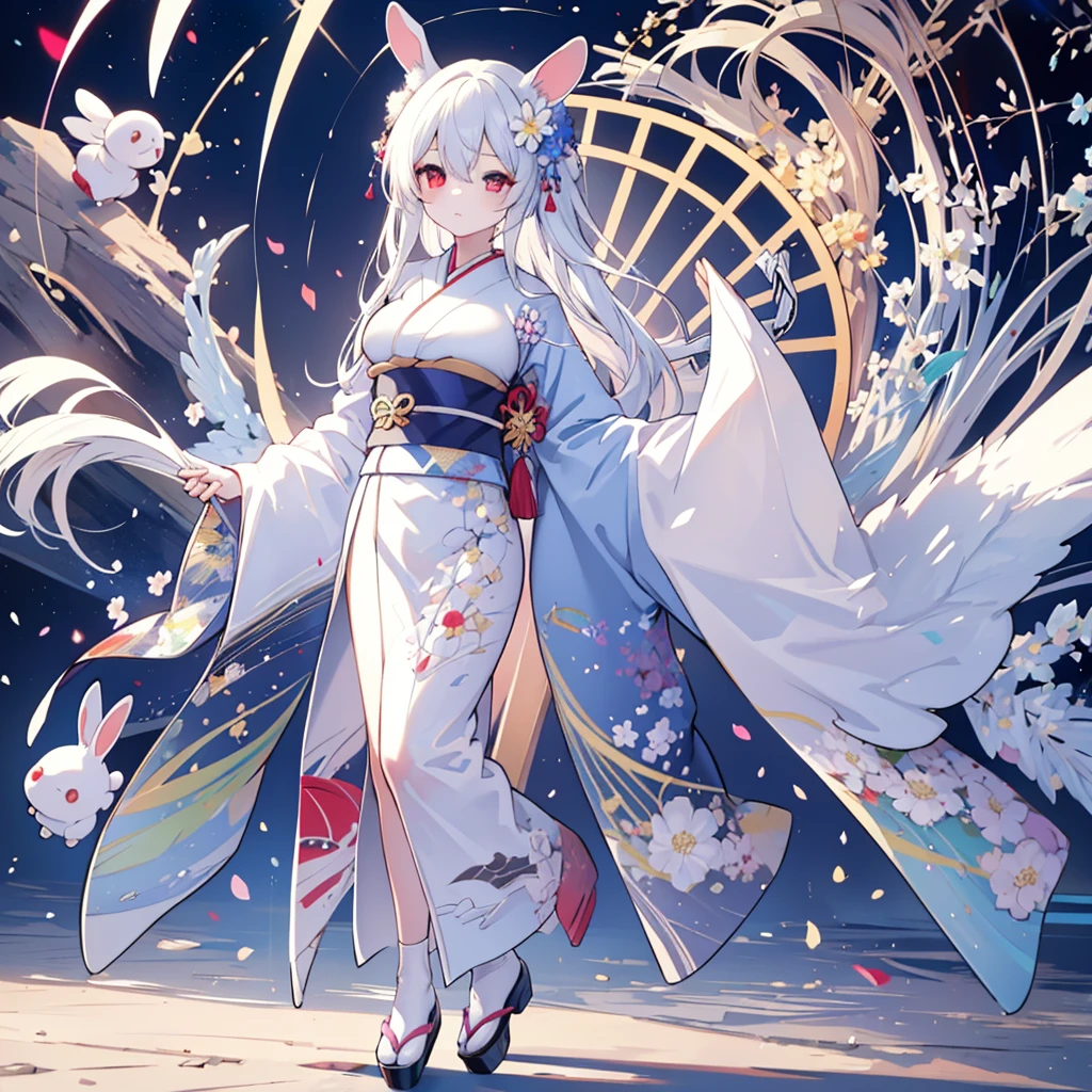 Hand Repair,Foot repair,masterpiece,8k,(((( 1 girl)))), beautiful girl,City Background,((((full body shot,very wide shot,Rabbit Ears,I'm hiding my ears with my hair)))),(((Perfect white hair, long hair))), ((((( rainbow heterochromia, Golden Eye Right Eye,Red Eye Left Eye , kimono,she wearing a blue color furisode,Big Breasts))))), facing forward 