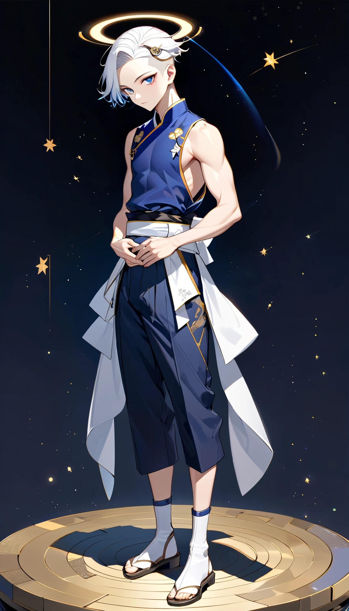 Fresh illustration,
Ultra-fine drawing,
Very delicate illustration,
Very fine details,
One boy,
Full body,
Standing motionless,
Both arms slightly bald,
Height 158cm,
Fair skin,
Right eye is purple,
Left eye is blue,
Odd eyes,
Heterochromie iris,
Beautiful eyes,
Large black pupils,
Cleanly cut hairstyle,
Slicked back hairstyle,
Short hair,
Shiny hair,
Blue roots and white hair elsewhere,
Hair with a gradient,
Cute face,
Pretty face,
A shining angel halo on the back of the head,
Raised eyebrows,
Upper body in kimono,
Upper body in traditional Japanese clothing,
Masculine build,
Six pack,
Very small breasts,
No breasts,
Lower body in Chinese dress,
Black obi,
Overall white clothing,
Gold Tasteful embroidery with thread,
Clothes made of high-quality fabric,
Jock straps,
Thigh straps,
Thigh straps digging into the skin,
White long boots,
Japanese-style toes,
Five fingers on hands and toes,
Thin waist,
Thin legs,
Isometric,
Golden ratio,
Divine atmosphere,
Wearing an indigo-colored stand-up collared inner,
Outer space,
Galaxy,
Countless small stars,
Tactical use of shadows,
Hairbands on head and hair do not extend beyond the frame,
Clothes do not extend beyond the frame,