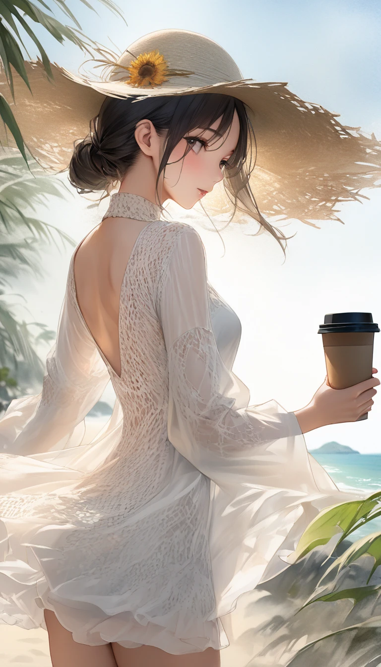 Oriental beautiful girl，sideways，Over Shoulder ，Shoulder to look.白色透明的Realistic畫作， Color Watercolor Rendering ， Face Texture Clear ，Grass Knitted Sun Hat ， Open Back Dress Small Cute Plus Transparent Blouse， Sunglasses ， White Beach Background ， Messy Stroke ， Holding a cup of coffee .Realistic、Super detailed、 Curved hips 、 top quality 、masterpiece、超高分辨率數位藝術影像超現實主義masterpiece最佳品質