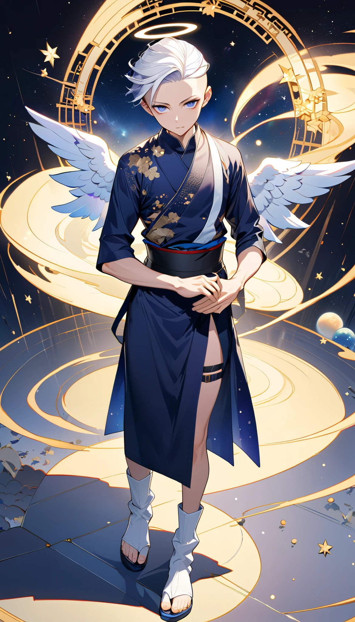 Fresh illustration,
Ultra-fine drawing,
Very delicate illustration,
Very fine details,
One boy,
Full body,
Standing motionless,
Both arms slightly bald,
Height 158cm,
Fair skin,
Right eye is purple,
Left eye is blue,
Odd eyes,
Heterochromie iris,
Beautiful eyes,
Large black pupils,
Cleanly cut hairstyle,
Slicked back hairstyle,
Short hair,
Shiny hair,
Blue roots and white hair elsewhere,
Hair with a gradient,
Cute face,
Pretty face,
A shining angel halo on the back of the head,
Raised eyebrows,
Upper body in kimono,
Upper body in traditional Japanese clothing,
Masculine build,
Six pack,
Very small breasts,
No breasts,
Lower body in Chinese dress,
Black obi,
Overall white clothing,
Gold Tasteful embroidery with thread,
Clothes made of high-quality fabric,
Jock straps,
Thigh straps,
Thigh straps digging into the skin,
White long boots,
Japanese-style toes,
Five fingers on hands and toes,
Thin waist,
Thin legs,
Isometric,
Golden ratio,
Divine atmosphere,
Wearing an indigo-colored stand-up collared inner,
Outer space,
Galaxy,
Countless small stars,
Tactical use of shadows,
Hairbands on head and hair do not extend beyond the frame,
Clothes do not extend beyond the frame,