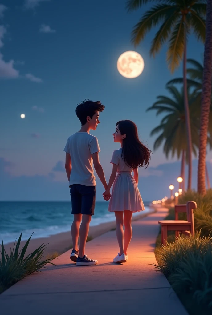 Pixar-type image of a young man in a white shirt and blue pants and a girl next to him in orange pants and an orange blouse looking towards a photo from the front on a lagoon at night on a bridge. They are standing looking at the camera. The young man on the left side and the girl on the right side. Together they are looking towards the camera.