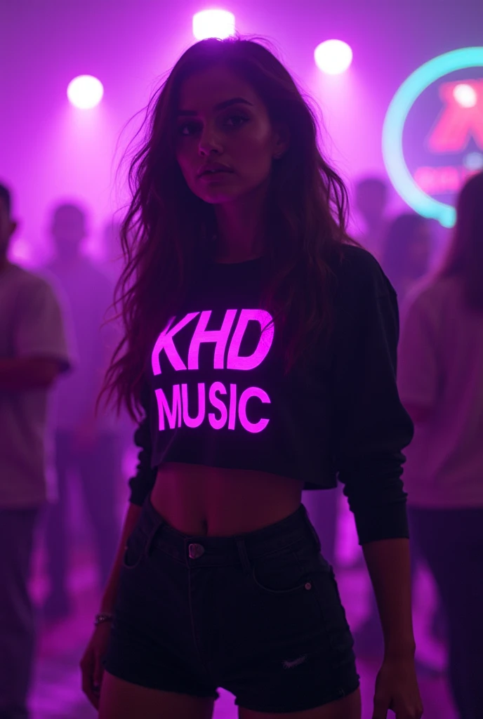 A plump girl with dark hair in black clothes on a low-key background with lots of purple smoke with sparkles and backlighting and the inscription KUPRIANOVA