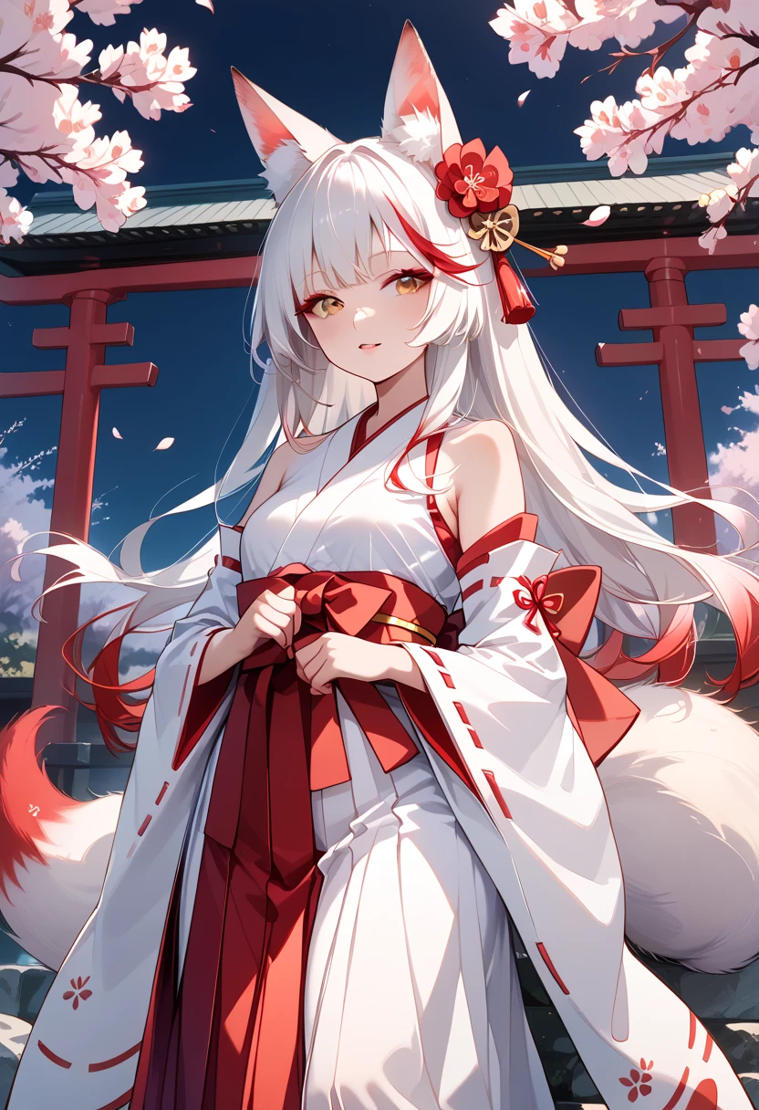 ((masterpiece, best quality, ultra detailed, high resolution, detailed facial description)), (solo, 1 noble woman:1.3), (miko, hakama skirt, detached sleeves), (fox ears, fox, tail), (long white hair, red gradation color hair:1.3), (tsurime:1.3, fox eyes), (red eyeliner), (Japanese traditional shrine)