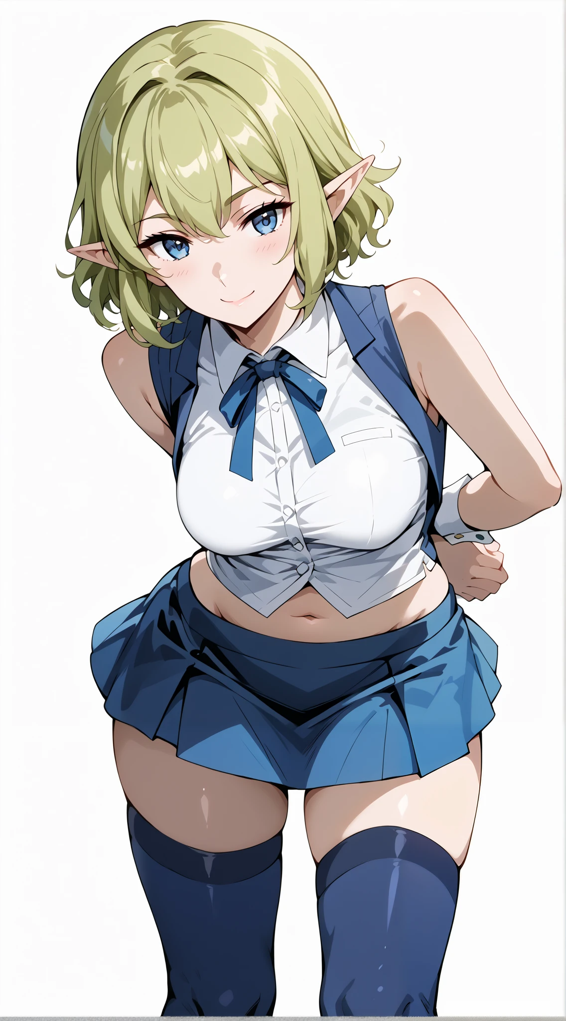 score_9, score_8_up, score_7_up, source_anime, 4K,perfect fingers,(perfect hands, perfect anatomy),prefect lighting, very aesthetic, intricate details,highly detailed background, masterpiece, high quality, best quality, 
1girl, ryuu, green hair, Medium Breast,
wearing ((white shirt,blue vest,sleeveless,blue thighhighs,blue skirt,wrist cuffs,neck ribbon,midriff)),,
looking at the spectator, filed, high thigh individual , (large breasts:0.9),Stand up,fullbody,((White plain background:1.5)) ,((seductive smile)),((Arms Behind Back)),leaning forward:1.3,