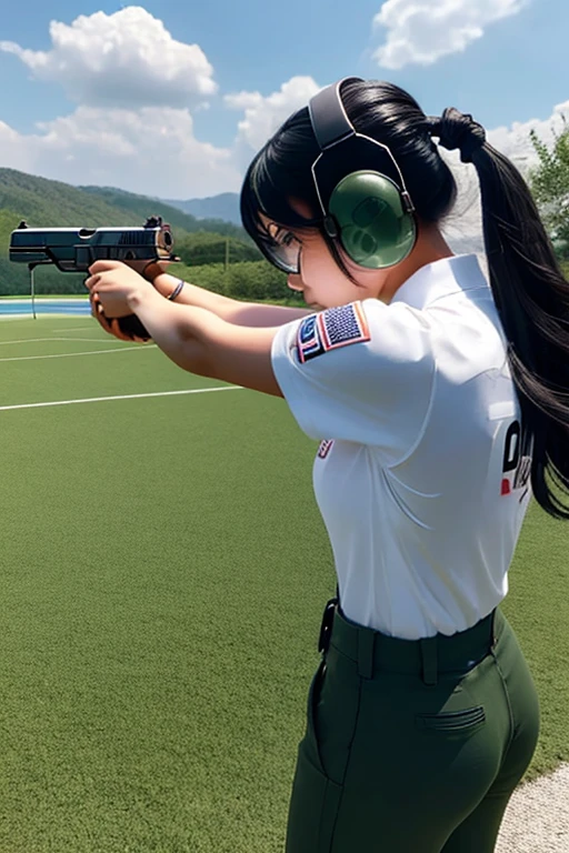 girl, black hair, gun, rifle, shooting, angry, Fighting, fight, Japanese girl, casual, pants, looking at viewer, full body, point a gun at the viewer, city, war, hold a rifle, 10age,