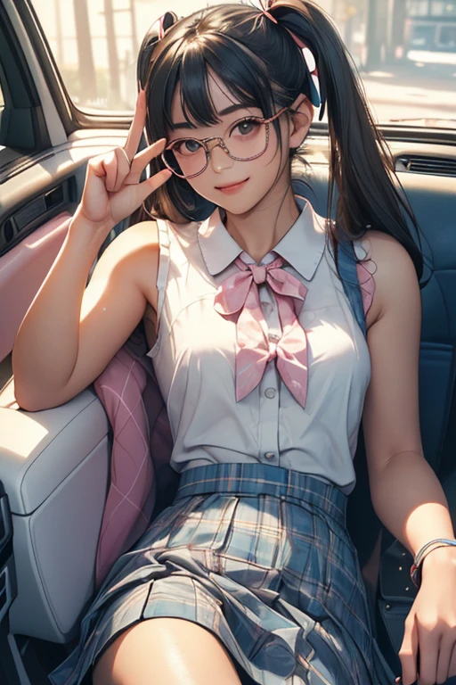 (Best Quality,4K,High resolution:1.2), Ultra-detailed, Realistic portrait, Best Quality, (outside japanese high school), (passionate scene),one very young looking high school girl, (intense emotion), (innocent look, pink ,white and black school uniform), ((cute face, showing full body)), (perfect long legs, high waist mini pleated skirt, tight shirt), large brown eyes, long black hair, pigtails, cute smile, rose cheeks, muscular abs tiny body, tiny waist, large bows and ribbons in hair, (large round black rimmed glasses), ((tights, looking up at camera)), (standing, leaning forward, camera far away)