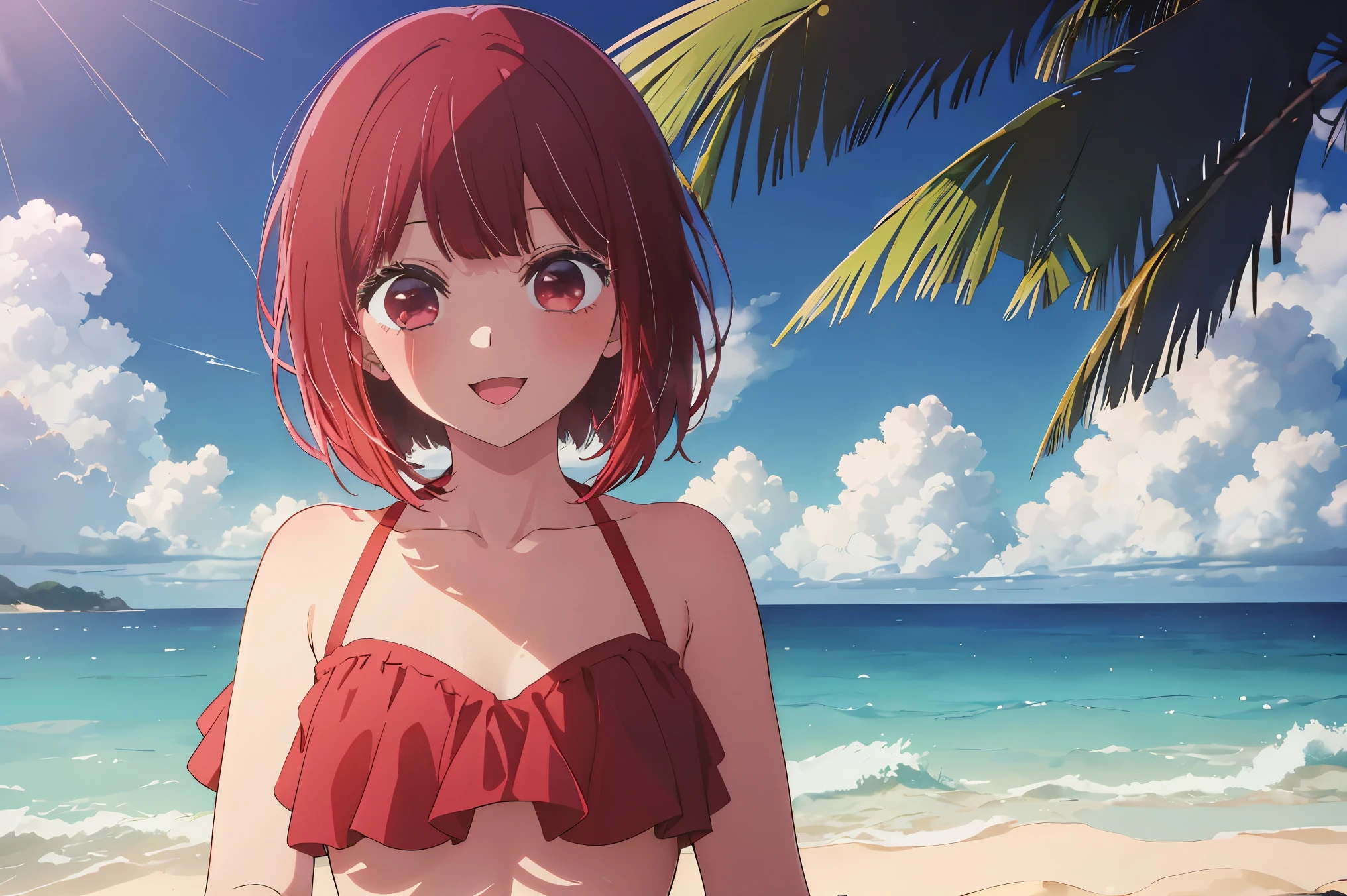 masterpiece、very detailed、(1 girl:1.2)、redhead、Big eyes、(((Close-up)))、smile、short hair、(((anime style)))、(((2D)))、red eyes、open your mouth、(((sandy beach)))、(((bikini)))、8K、
