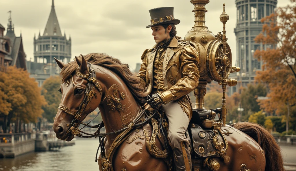 (best quality, 128k,highres,masterpiece:1.2),ultra-detailed,(realistic,photorealistic,photo-realistic:1.37), ((masterpiece)) ((photography)) ((Highest quality)) A vintage, regal figure in ornate historical attire sits proudly atop an intricately designed mechanical horse, exuding an air of nobility. The rider is dressed in a lavish, gold-embroidered coat with intricate Victorian patterns and a tall, elaborate hat adorned with brass accents. The mechanical horse, crafted from polished copper and brass, boasts elaborate steampunk details, including spinning gears, exposed pipes, and steam vents, blending vibrant colors and intricate metalwork. The serene background features a calm water body, its surface reflecting the soft autumn sunlight, while lush foliage surrounds the scene in rich, golden hues. The architecture in the distance is reminiscent of Victorian-era buildings, with towering spires and intricate wrought iron details. The atmosphere evokes a sense of adventure and history, blending the elegance of the past with the innovative spirit of the steampunk age, inviting viewers into a fantastical world.