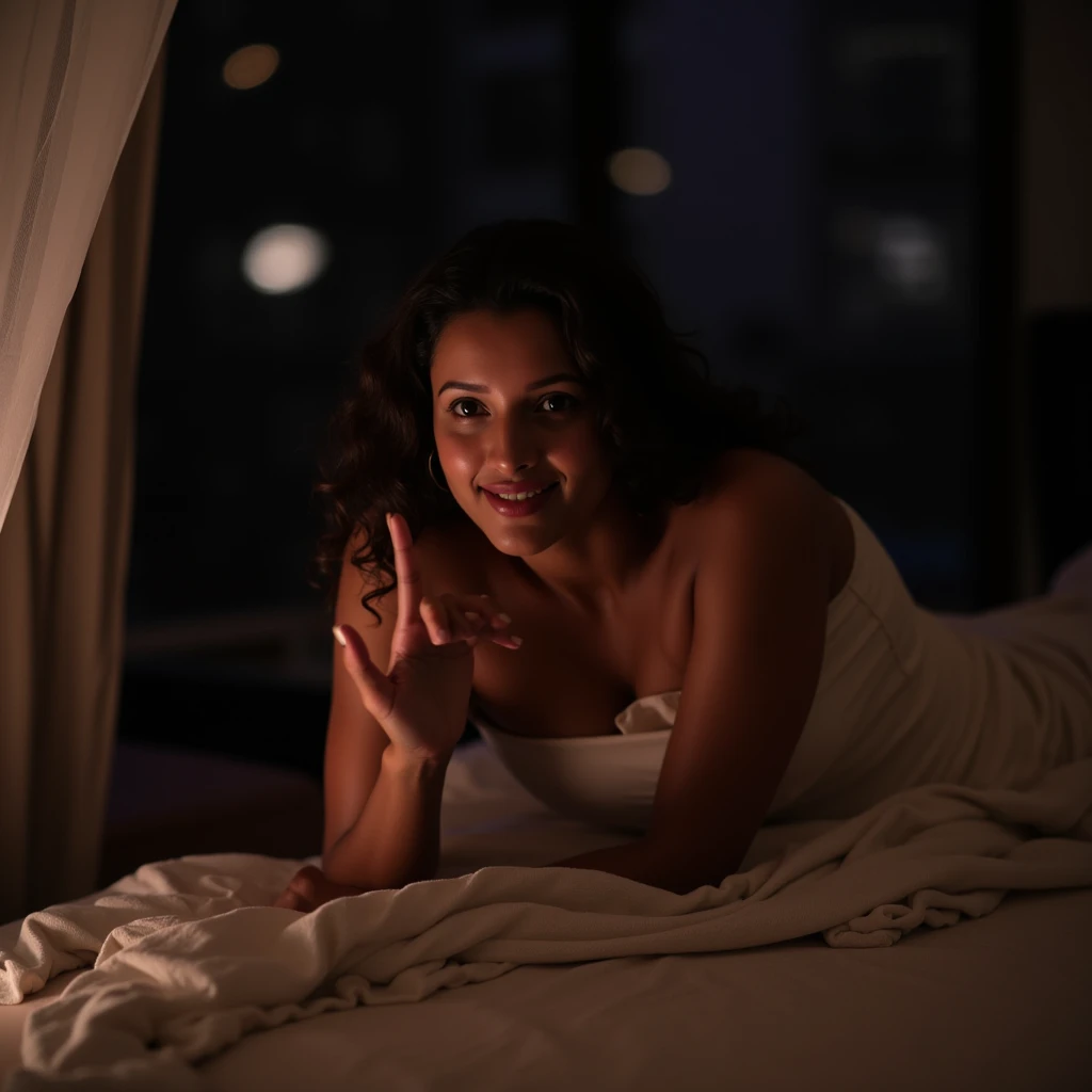 In the heart of Delhi, within the quiet confines of her small apartment, the night drapes the city in darkness, broken only by the distant hum of traffic. Tripti lies in bed, the soft glow of the city lights filtering through sheer curtains, casting gentle shadows across her form. She's naked, yet the bedsheet clings to her body in a way that teases more than it reveals, artfully draped to maintain the seduction of mystery. Her expression is unabashedly slutty, a playful smirk playing on her lips, eyes heavy with desire. Her fingers beckon in a silent, seductive call, gesturing 'come here and fuck me again' to her unseen boyfriend, the air thick with unspoken promises and the electric charge of anticipation. Her face is the focal point, radiating an invitation that's both bold and enticing, capturing the essence of her provocative allure in the stillness of the night.