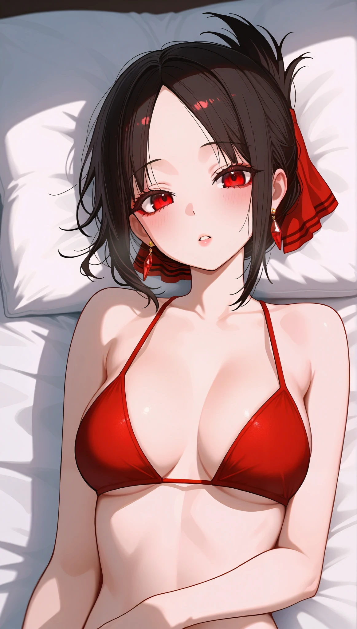 (masterpiece), (portrait), medium breasts (aesthetics), ((1 female 21 years old)), Highlight earrings), ((short hair)), ((Hot crystal black hair, tied hair)), ((Kaguya Shinomiya)) straight hair, thin eyes open, red eyes, cute, naughty, pink parted lips, woman, feminine, beautiful, female features, top, high quality, aesthetic clothing, professional angle, (rule of thirds), (feminine), , (beautiful) , (female ) features), solo, (Korean attractive), summer, (ink haze), (afternoon), (vibrant light), seductive posture, ((face looking forward))), Kaguya Shinomiya, red bikini, sensual ((Energy)), (Bold Makeup), (medium Breasts), Fair Skin, (Clothes with Hip Hop Details), (a hot Kaguya Shinomiya, sculptural body, sexy pose), (Sleep Neckline), Beautiful Hands, Body beautiful, beautiful ears, beautiful eyes, bright eyes, beautiful mouth, beautiful lips, lying on bed, luxurious bed