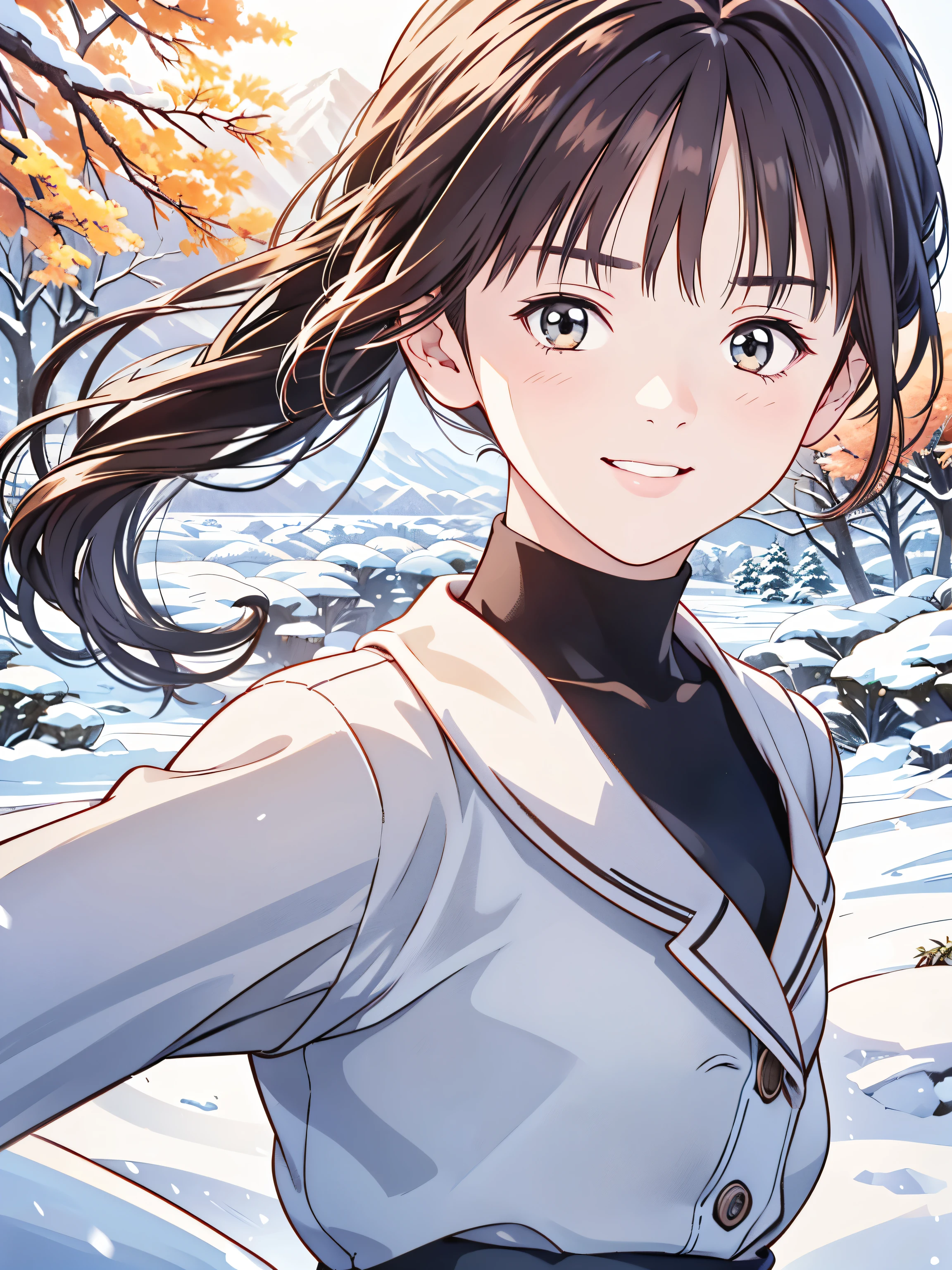 (8k、 top quality 、​masterpiece:1.2)、( realistic 、 ultra-detailed、 super A high resolution、 1 girl、、 beautiful detailed face、smile、narrow、( slim waist) :1.3)、Autumn Clothes、  、 skin texture、Floating Hair、  Professional Lighting  、 high schoolnts suit overall body、Brown Hair、Shy、Mikity、Tree Eyes、 romantic in the snow、Junior high  students、、Poses、In the mountains、