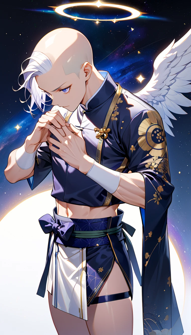 Fresh illustration,
Ultra-fine drawing,
Very delicate illustration,
Very fine details,
One boy,
Full body,
Standing motionless,
Both arms slightly bald,
Height 158cm,
Fair skin,
Right eye is purple,
Left eye is blue,
Odd eyes,
Heterochromie iris,
Beautiful eyes,
Large black pupils,
Cleanly cut hairstyle,
Slicked back hairstyle,
Short hair,
Shiny hair,
Blue roots and white hair elsewhere,
Hair with a gradient,
Cute face,
Pretty face,
A shining angel halo on the back of the head,
Raised eyebrows,
Upper body in kimono,
Upper body in traditional Japanese clothing,
Masculine build,
Six pack,
Very small breasts,
No breasts,
Lower body in Chinese dress,
Black obi,
Overall white clothing,
Gold Tasteful embroidery with thread,
Clothes made of high-quality fabric,
Jock straps,
Thigh straps,
Thigh straps digging into the skin,
White long boots,
Japanese-style toes,
Five fingers on hands and toes,
Thin waist,
Thin legs,
Isometric,
Golden ratio,
Divine atmosphere,
Wearing an indigo-colored stand-up collared inner,
Outer space,
Galaxy,
Countless small stars,
Tactical use of shadows,
Hairbands on head and hair do not extend beyond the frame,
Clothes do not extend beyond the frame,