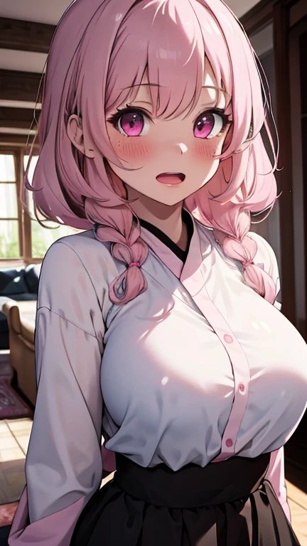 mastute piece,Best Quality,insanely detailed,8k cg,
shoot upper body,
1woman,18age,standing,body in front,looking at viewer,(judogi),break,
blush,shy,(trembling:1.2),pink hair,break,open mouth,large breast,judojo,
