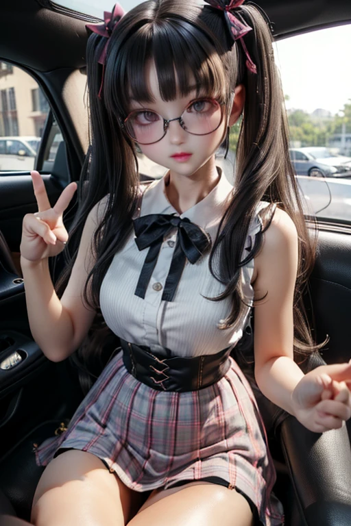 (( top quality )), ((傑 top quality 、masterpiece、High sensitivity、 high res、 detailed depiction 、 delicate face depiction )),Slender woman、Glasses、 twin tails、ribbon、 checked mini skirt 、pastel sleeveless、 peace sign in the back of the car、