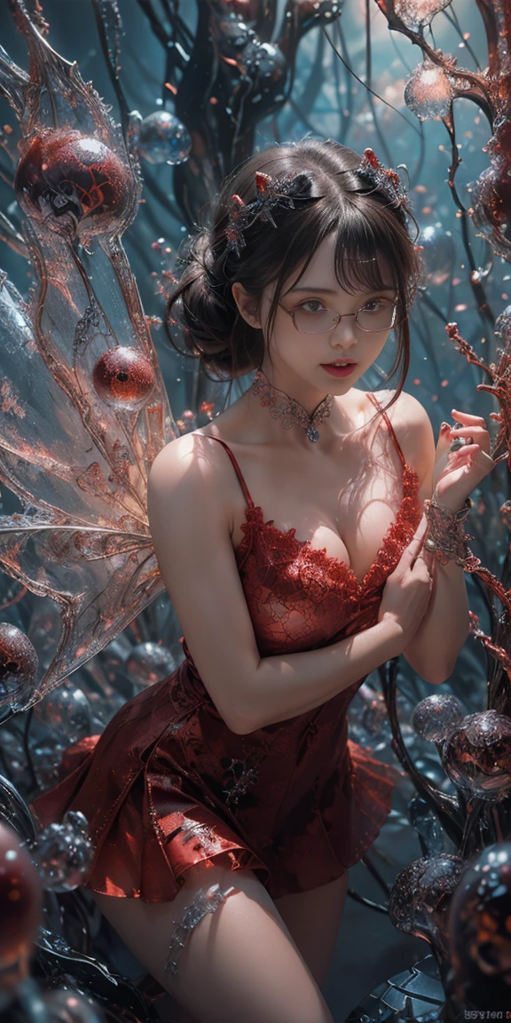 (The best illustrations)、realisitic、ultra-detailliert、The best lighting、Best Shadows、alluring succubus, ethereal beauty, perched on a cloud, (fantasy illustration:1.3), enchanting gaze, captivating pose, delicate wings, otherworldly charm, mystical sky, (Luis Royo:1.2), (Yoshitaka Amano:1.1), Dungeon and Dragon、caves、Dungeon、 A Necromancer、natta、Dark style、Succubus、Devil's Daughter、Bat Wings,(((Demon Hornlack-rimmed round glasses))))、(red eyes glowing:1.6)、beautiful countenance、Tindall Effect、(High Detail Skins:1.2) absurderes、Ponytail distortion、jewely、Beautiful expression、Toned waist、Wide buttocks、Tindall Effectmasuter piece、top-quality、Highest Standards、Top image quality、masutepiece、intricate detailes、High resolution、Depth Field、natural soft light、profetional lighting、Great smile、(High Detail Skin: 1.2)、photorealistic anime girl render、Strong highlights of the eyes、Perfect Anatomy、crotch open、Shy、Spreading your legs、Panties are visible、Skirt flipping、Body shiny with oilerectile nipple))、8K resolution、intricate clothing、Intricate details、Panties visible through the skirt、Panties in full view、Small panties, pink nipple, pink pussy
