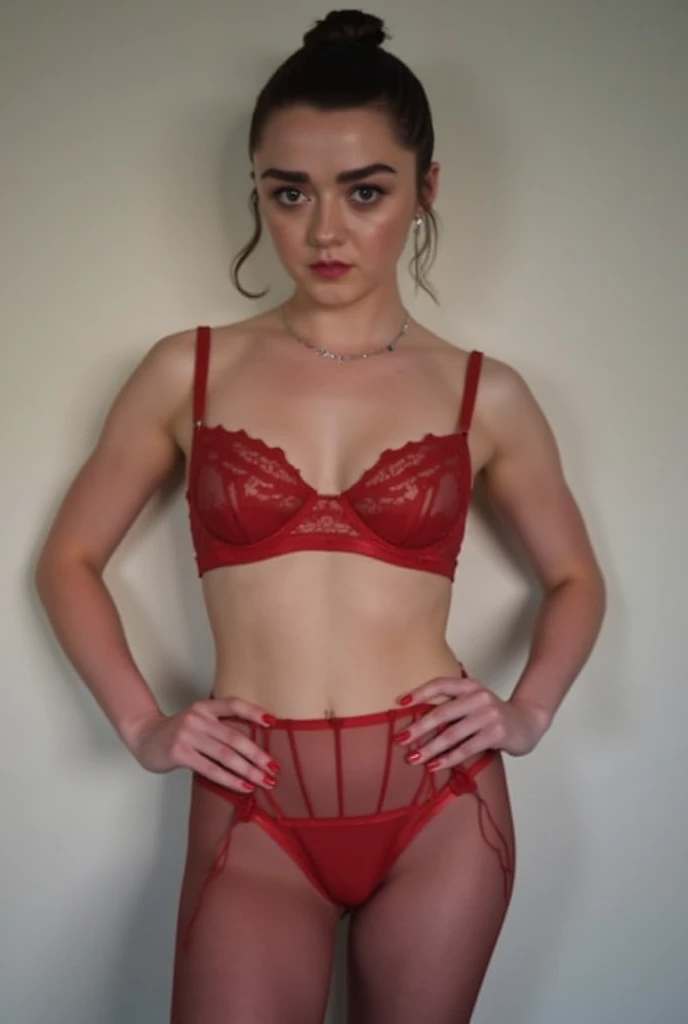 there is a woman in a pink lingerie posing for a picture, lacey, full length view, sherilyn fenn 2 6 years old, wearing sexy lingerie, full body in view, lingerie, covered in pink flesh, ivory pale skin, brittney lee, pale fair skin!!, playful and cheerful, full face view, pinup, red lace