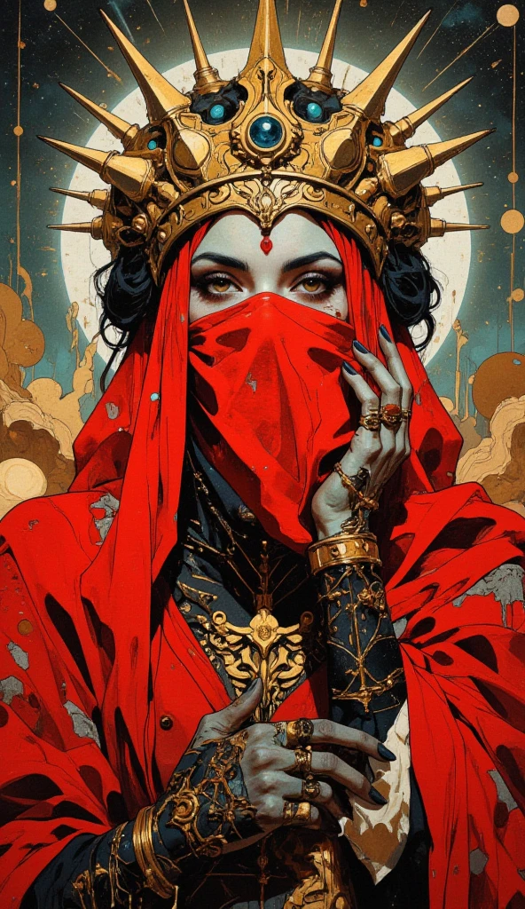 lady in red veils her face and has a large golden spiked crown, in the style of celestial fashion, otherworldly beauty, davide sorrenti, celestial punk, album covers, fra angelico, aykut aydogdu, queen core, golden age aesthetics