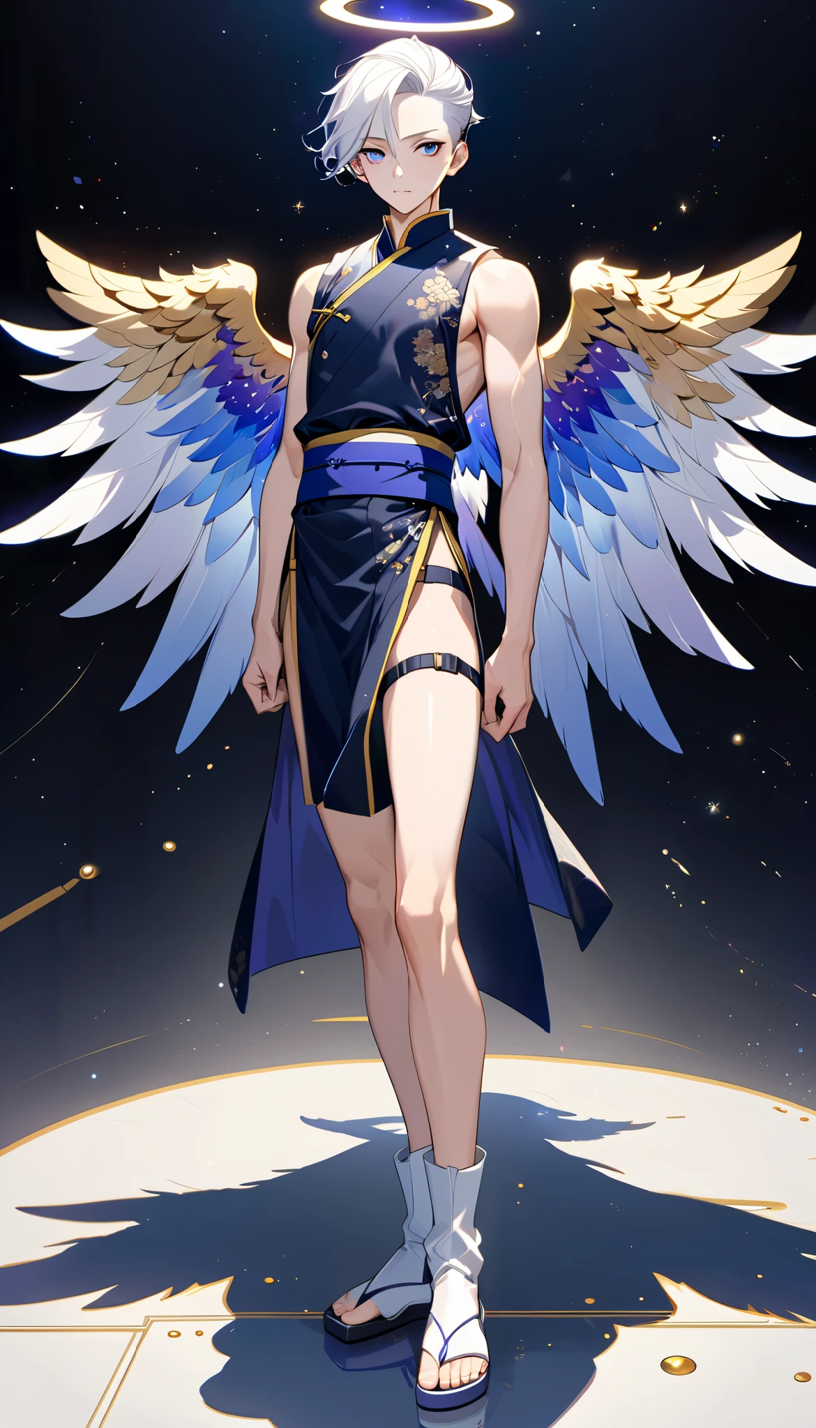Fresh illustration,
Ultra-fine drawing,
Very delicate illustration,
Very fine details,
One boy,
Full body,
Standing motionless,
Both arms slightly bald,
Height 158cm,
Fair skin,
Right eye is purple,
Left eye is blue,
Odd eyes,
Heterochromie iris,
Beautiful eyes,
Large black pupils,
Cleanly cut hairstyle,
Slicked back hairstyle,
Short hair,
Shiny hair,
Blue roots and white hair elsewhere,
Hair with a gradient,
Cute face,
Pretty face,
A shining angel halo on the back of the head,
Raised eyebrows,
Upper body in kimono,
Upper body in traditional Japanese clothing,
Masculine build,
Six pack,
Very small breasts,
No breasts,
Lower body in Chinese dress,
Black obi,
Overall white clothing,
Gold Tasteful embroidery with thread,
Clothes made of high-quality fabric,
Jock straps,
Thigh straps,
Thigh straps digging into the skin,
White long boots,
Japanese-style toes,
Five fingers on hands and toes,
Thin waist,
Thin legs,
Isometric,
Golden ratio,
Divine atmosphere,
Wearing an indigo-colored stand-up collared inner,
Outer space,
Galaxy,
Countless small stars,
Tactical use of shadows,
Hairbands on head and hair do not extend beyond the frame,
Clothes do not extend beyond the frame,