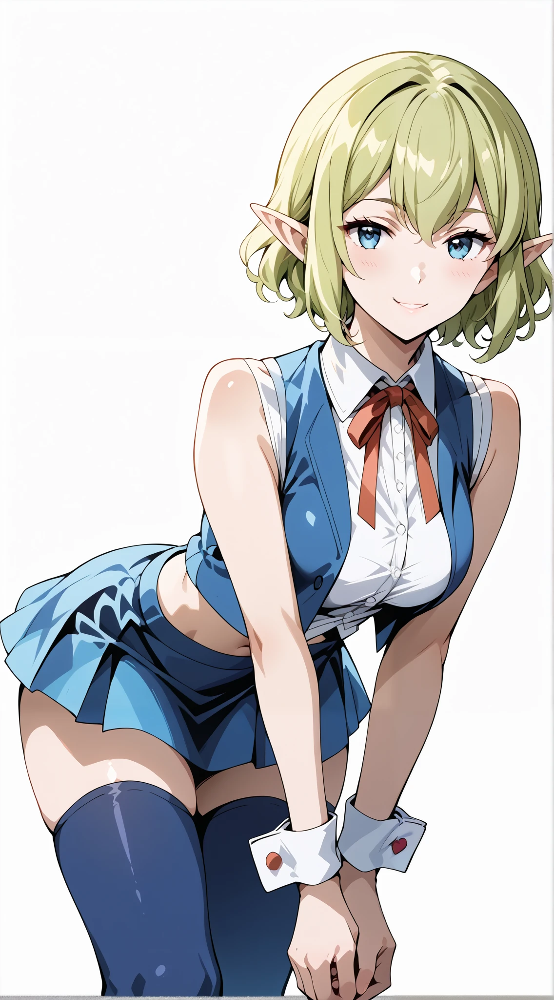 score_9, score_8_up, score_7_up, source_anime, 4K,perfect fingers,(perfect hands, perfect anatomy),prefect lighting, very aesthetic, intricate details,highly detailed background, masterpiece, high quality, best quality,
1girl, ryuu, green hair, Medium Breast,
wearing ((white shirt,blue vest,sleeveless,blue thighhighs,blue skirt,wrist cuffs,neck ribbon,midriff)),,
looking at the spectator, filed, high thigh individual , (large breasts:0.9),Stand up,fullbody,((White plain background:1.5)) ,((seductive smile)),(Lower your hands forward:1.5),,leaning forward:1.3,