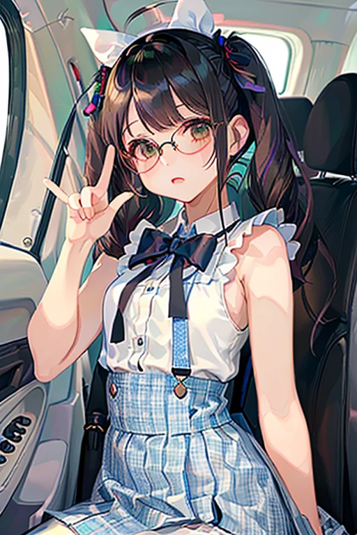 (( top quality )), ((傑 top quality 、masterpiece、High sensitivity、 high res、 detailed depiction 、 delicate face depiction )),Slender woman、Glasses、 twin tails、ribbon、 checked mini skirt 、pastel sleeveless、 peace sign in the back of the car、