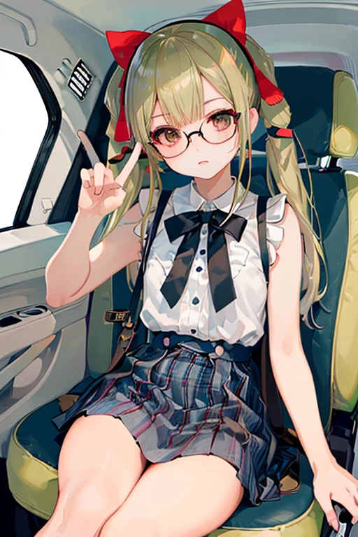 (( top quality )), ((傑 top quality 、masterpiece、High sensitivity、 high res、 detailed depiction 、 delicate face depiction )),Slender woman、Glasses、 twin tails、ribbon、 checked mini skirt 、pastel sleeveless、 peace sign in the back of the car、