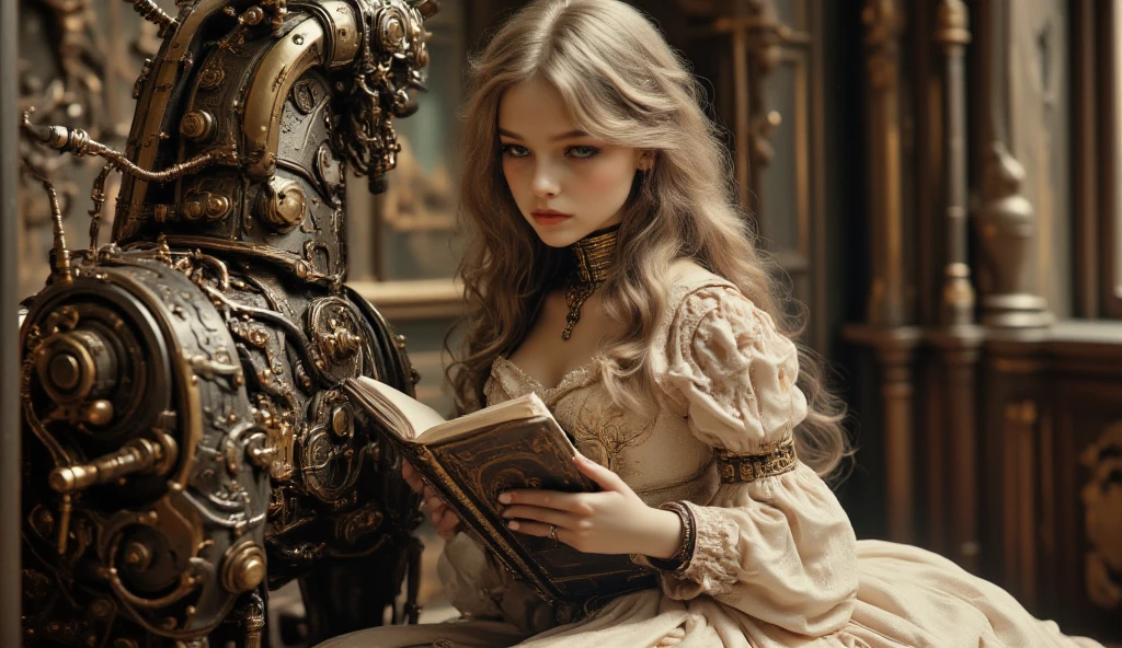 (best quality, 128k,highres,masterpiece:1.2),ultra-detailed,(realistic,photorealistic,photo-realistic:1.37), ((masterpiece)) ((photography)) ((Highest quality)) A young girl with long blonde hair, dressed in a beautifully intricate vintage gown with floral patterns, sits elegantly in a grand, ornate room. She is engrossed in reading an ancient book, her facial expression serene and focused. Beside her is a life-sized, steampunk-inspired mechanical horse, adorned with brass and copper details, gears, and intricate engravings. The background features opulent decor, showcasing classical architecture and rich colors, creating a contrast between the girl’s delicate attire and the robust design of the robotic horse. Soft light filters through the room, enhancing the enchanting atmosphere of this whimsical scene.