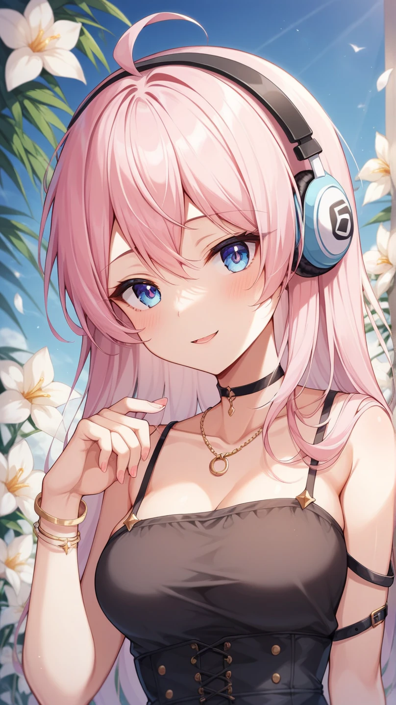 (masterpiece),(intricate details),1girl,mature female,medium breasts:1.39,tired face,brown eyes BREAK lukamegurine, luka megurine, blue eyes, big headphones, long hair,ni clothes pink hair, (medium breast:1.2), BREAK arm warmers, armband, (TOTALLY NAKED GIRL) no shirt, no clothes, bare shoulders, black skirt (suggested by the context of no wearing clothes, potentially visible in this setting), midriff, navel, totally exposed breasts, shoulder tattoo, ((reclining on a serene countryside path winds through fields of blooming wildflowers, In front of a tree, inviting peaceful walks amidst a natural tapestry of vibrant colors and gentle fragrances.)),((upper body,portrait)),from above:1.4 BREAK day,sun,rainbow,((cumulonimbus)), depth of field,looking at viewer