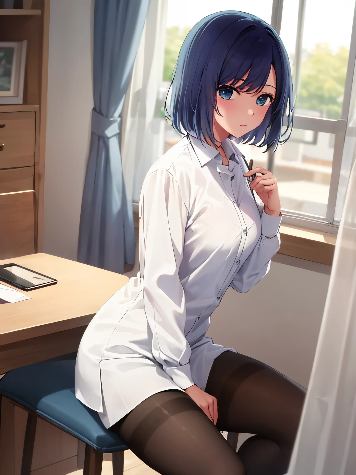 1girl, beautiful detailed eyes, beautiful detailed lips, extremely detailed eyes and face, longeyelashes, anime boy, short black hair, blue eyes, white coat, black pants, sleeping on a stool, classroom, interior, high quality, detailed, photorealistic, 8K, masterpiece