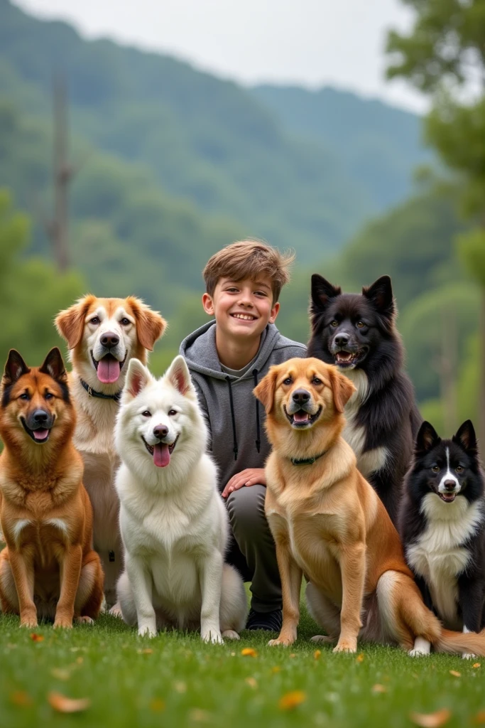 Girl surrounded by dogs