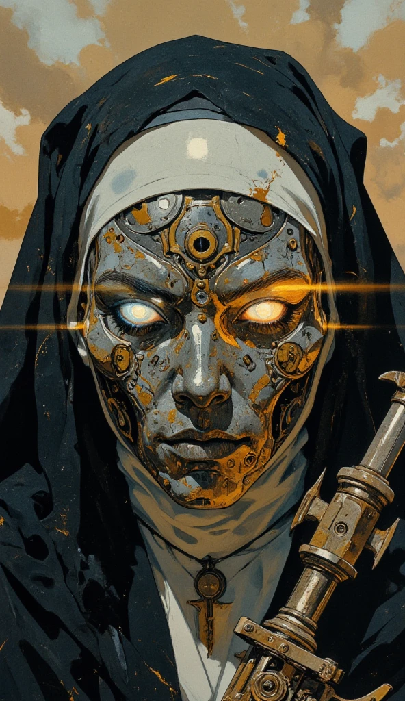 An extreme close-up of the nun’s face, framed by the intense, gritty realism of an old analog camera. The mechanical hknuns nun wears a detailed, ancient silver mask, its surface weathered and battle-scarred, yet intricately adorned with delicate engravings. The mask reflects the faint glow of divine energy, with radiant golden and white light flickering across its surface, highlighting every crevice and contour. Light shimmers and dances along the metallic surface, casting sharp contrasts between the glowing highlights and the deep shadows that fill the engraved details.
The eyes of the mask are hollow and eerie, yet there’s an ethereal light faintly pulsing from within, suggesting a divine power concealed behind the cold steel. Around her, the chaotic swirl of a dense, raging sandstorm blurs the edges of the image, creating an atmosphere of both serenity and violence. The violent storm is reflected in the shiny mask, capturing the dark, swirling sands while beams of holy light flicker from her weapon, illuminating her haunting presence in the middle of the storm.hknuns, CAICO