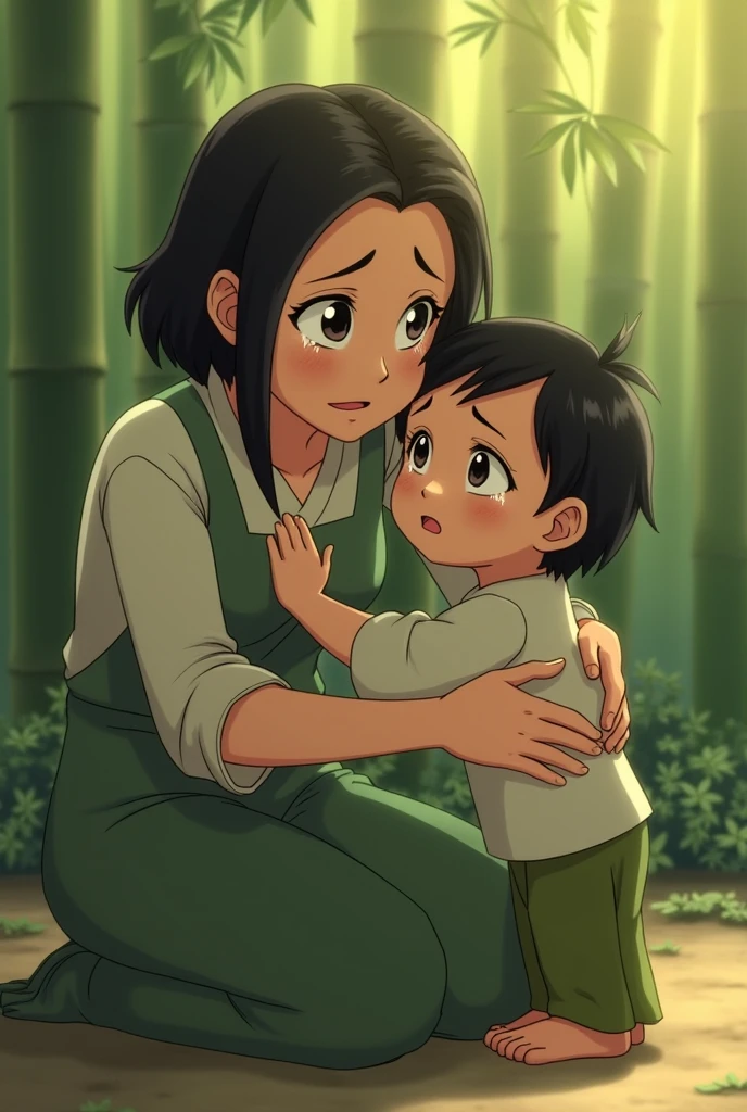 desenho linear, estilo anime, cartoon, Mother holding child in her lap, desenho colorido, ambiente de campo, --auto