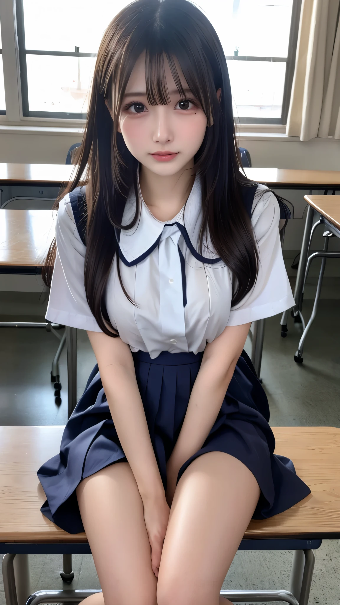 bright look、photorealism、highest quality、Super high resolution、picture、The most beautiful Nordic girls photos、cute and beautiful face details、small face、(Pueros face_v1:0.008)、美しいbangs、alice in wonderland、18-year-old、(thighs thighs thighs:1.2)、Full body Esbian、Brilliant white skin、hair gets tangled in face、顔まで伸びるbangs、bangs、hair between eyes、super long hair、Charming brown super long straight silky hair、thin hair、Charming shining beautiful bright clear light blue big eyes、(school uniform, short sleeve shirt:1.2)、eyeliner、sitting in the classroom、double eyelid、plump breasts、dynamic pose