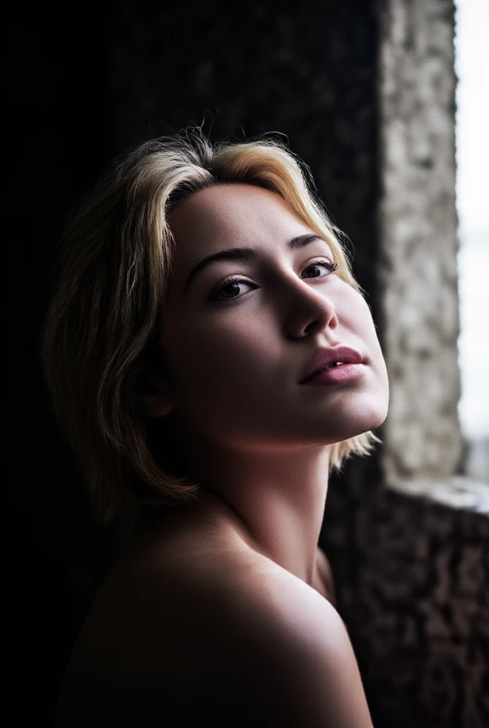 phenomenal bokeh photographic portrait, canon 3.5mm, f1.6, of an average russian blonde woman of 30 years old, with short hair, gray complexion, dry lips, looking from an oblique angle with her head slightly raised, her face is partially illuminated, her gaze on the viewer full of tension. There is twilight, but sunlight enters the room and illuminates the right part of her face. photo taken in a barn