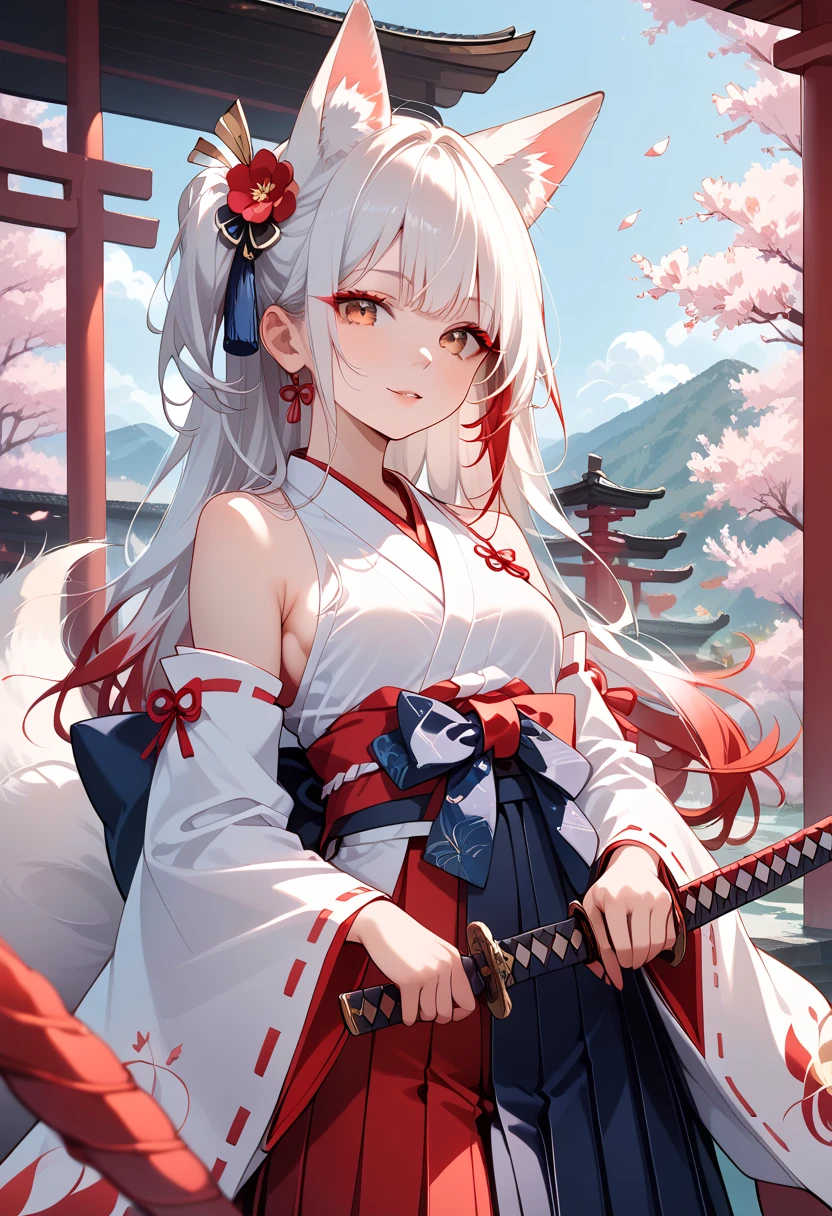 ((masterpiece, best quality, ultra detailed, high resolution, detailed facial description)), (solo, 1 noble woman:1.3), (miko, hakama skirt, detached sleeves), (fox ears, fox, tail), (long white hair, red gradation color hair:1.3), (tsurime:1.3, fox eyes), (red eyeliner), holding a Japanese sword, katana, unsheathing, looking at viewer, (Japanese traditional shrine)