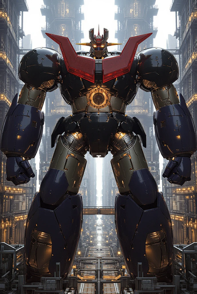 A very realistic version of the modded Mazinger Z,  standing 100 meters high in a forward position.  constructed with modern materials such as steel ,  Carbon Fiber ,  other industrial elements are also visible ,  just like the real thing ,  where high voltage current flows and emits light have been carefully recreated. It is set in a modern nuclear reactor facility industrial environment ,  the appearance of Mazinger Z standing around ,  illuminated by natural light 、 huge structures highlighted with realistic shadows . LED light lighting 　Gundam