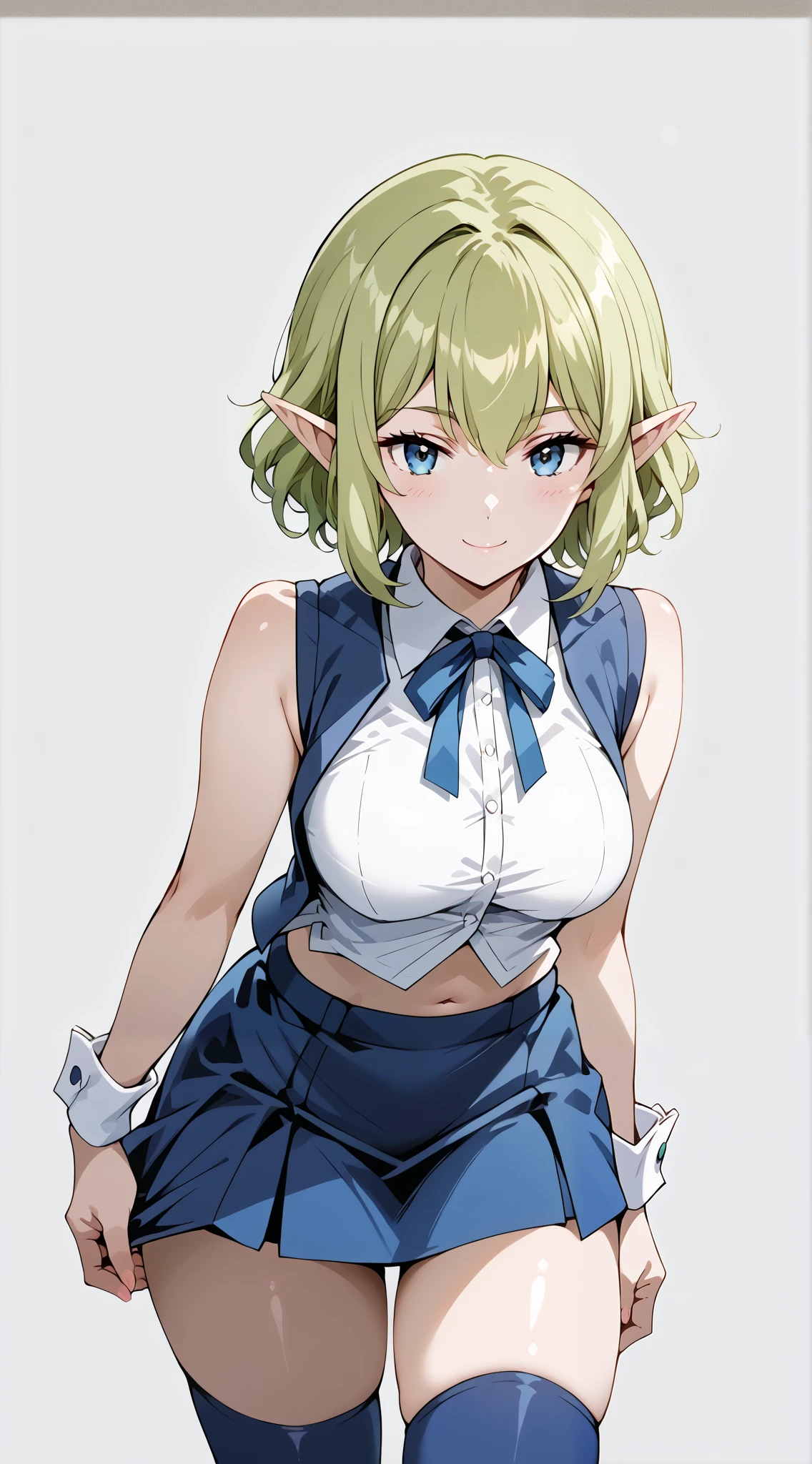 score_9, score_8_up, score_7_up, source_anime, 4K,perfect fingers,(perfect hands, perfect anatomy),prefect lighting, very aesthetic, intricate details,highly detailed background, masterpiece, high quality, best quality,
1girl, ryuu, green hair, Medium Breast,
wearing ((white shirt,blue vest,sleeveless,blue thighhighs,blue skirt,wrist cuffs,neck ribbon,midriff)),,
looking at the spectator, filed, high thigh individual , (large breasts:0.9),Stand up,fullbody,((White plain background:1.5)) ,((seductive smile)),leaning forward:1.3,armspit,