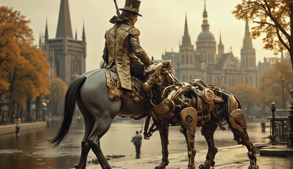 (best quality, 128k,highres,masterpiece:1.2),ultra-detailed,(realistic,photorealistic,photo-realistic:1.37), ((masterpiece)) ((photography)) ((Highest quality)) A vintage, regal figure in ornate historical attire sits proudly atop an intricately designed mechanical horse, exuding an air of nobility. The rider is dressed in a lavish, gold-embroidered coat with intricate Victorian patterns and a tall, elaborate hat adorned with brass accents. Beside the horse, a robotic dog—crafted from polished brass and copper—stands attentively, its mechanical limbs clicking softly as it observes its surroundings. The dog’s body is a fusion of steampunk technology, featuring exposed gears, rotating cogs, and a sleek, vintage design. The serene background features a calm water body, reflecting the soft autumn sunlight, while lush foliage surrounds the scene in rich, golden hues. The architecture in the distance, with towering spires and wrought iron details, echoes the grandeur of the Victorian era. The atmosphere evokes a sense of adventure and history, blending the elegance of the past with the innovative spirit of steampunk, inviting viewers into a fantastical world where nobility and technology coexist in harmony.