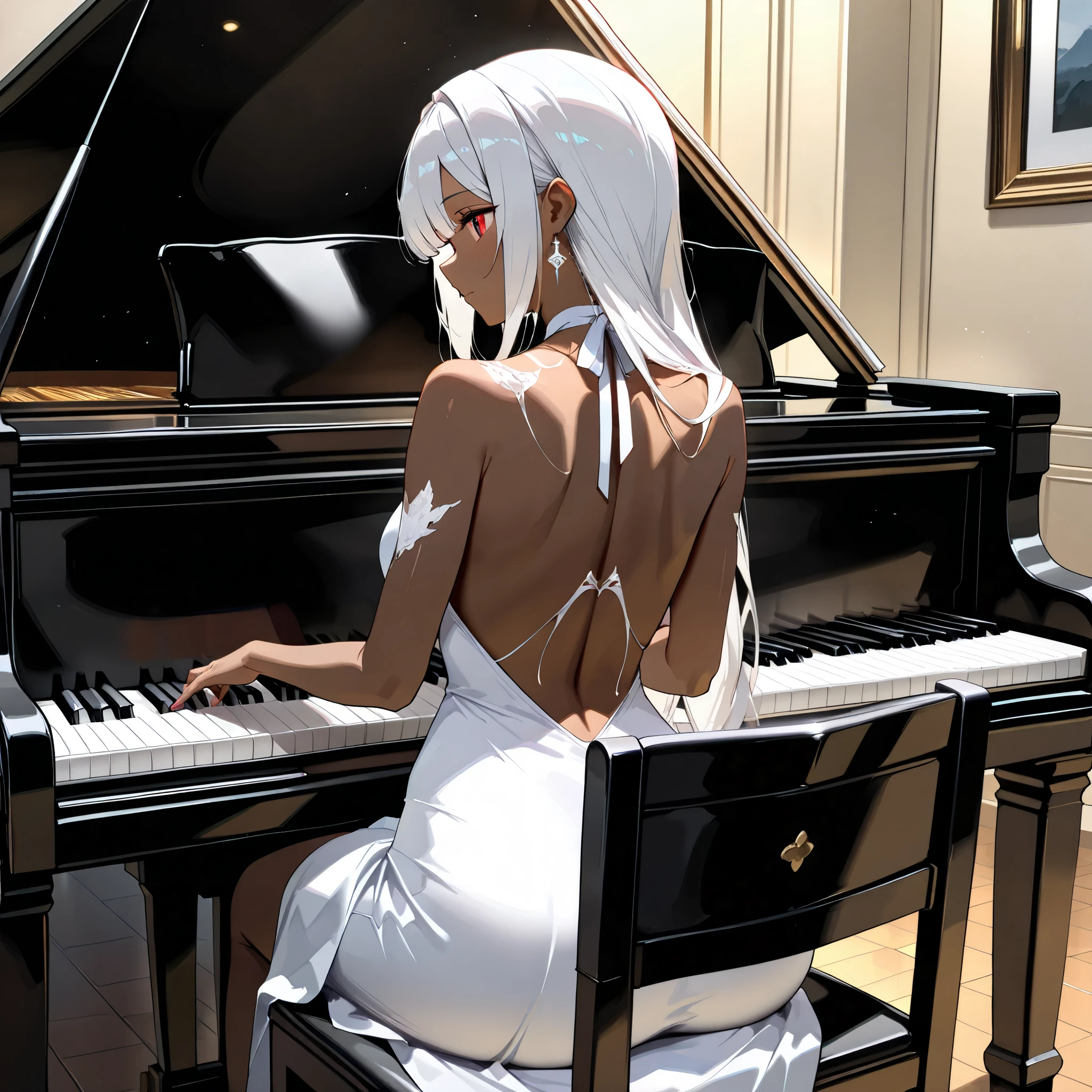 (UHD, masterpiece:1.3, anatomically correct, textured skin, super detail, high details, best quality, highres icon, Detailed and precise manual expression:1.3,  Incredibly Absurd )), 1woman\Beautiful white hair\Expressing lustrous hair, beautiful red eyes, Voluptuous body line\Brown skin shining in the light\, A dress with a wide open back\white, back, Playing the piano, Sit on a chair:1.3