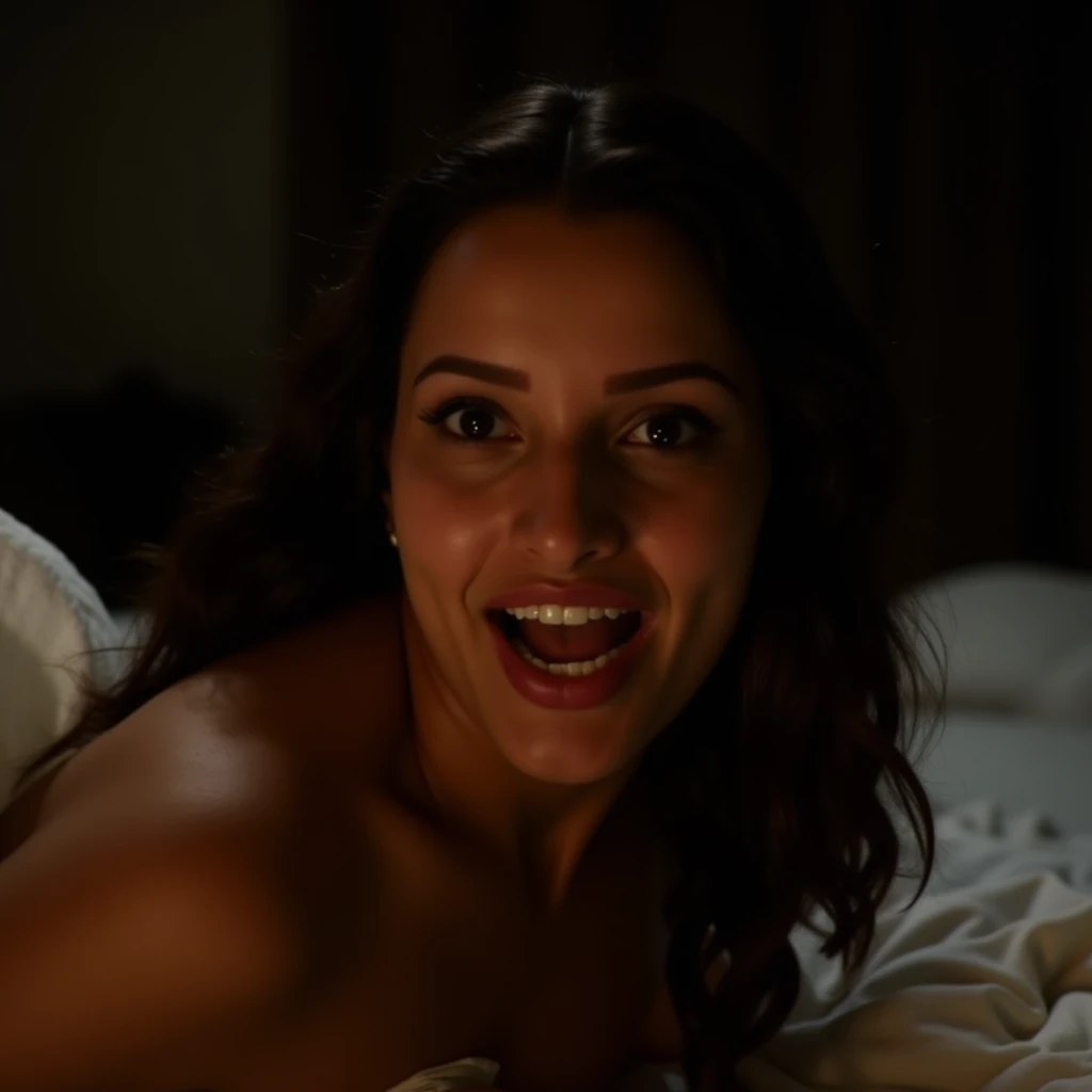 In the sultry darkness of her Delhi apartment, Tripti lies sprawled across her bed, the sheets barely clinging to her naked body, revealing just enough to ignite desire. Her gaze locks onto the camera with a fierce, slutty intensity, her eyes gleaming with mischief and lust. "Come here, you bastard, and fuck me again," she demands with a teasing laugh that fills the room, her voice dripping with an almost cruel seduction. Her fingers curl in a beckoning gesture, insistent and commanding, while her lips part in a mocking, inviting grin, promising a night of wild abandon. The night air seems to pulse with her raw, unapologetic hunger for more, her every expression screaming for the camera to capture this moment of shameless, demanding pleasure.