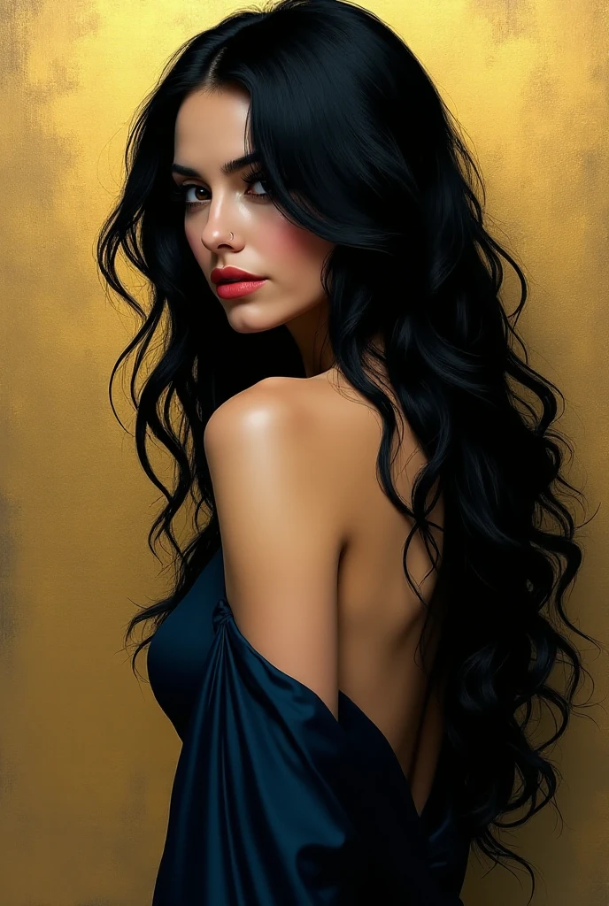 a woman with long black hair in a gold painting, in the style of charlie bowater, dark blue and dark black, michael garmash, comic art, realistic color palette, dark black and beige, soft-focused realism --ar 24:37 --stylize 750 --v 6