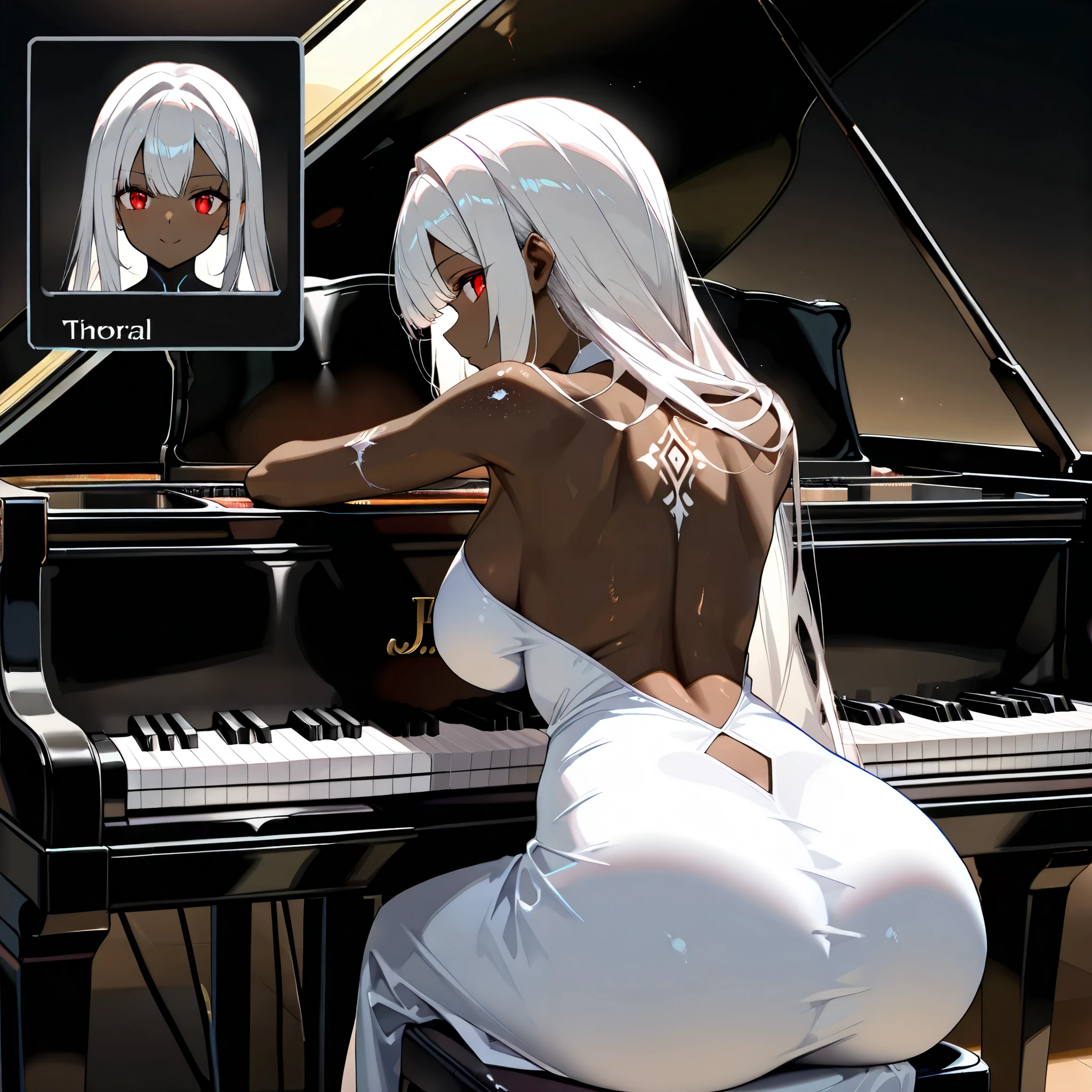 ((UHD, masterpiece:1.3, anatomically correct, textured skin, super detail, high details, best quality, highres icon, Detailed and precise manual expression:1.3,  Incredibly Absurd )), 1woman\Beautiful white hair\Expressing lustrous hair,  beautiful red eyes, Voluptuous body line\Brown skin shining in the light\, A dress with a wide open back\white, back, Playing the piano, Sit on a chair:1.3