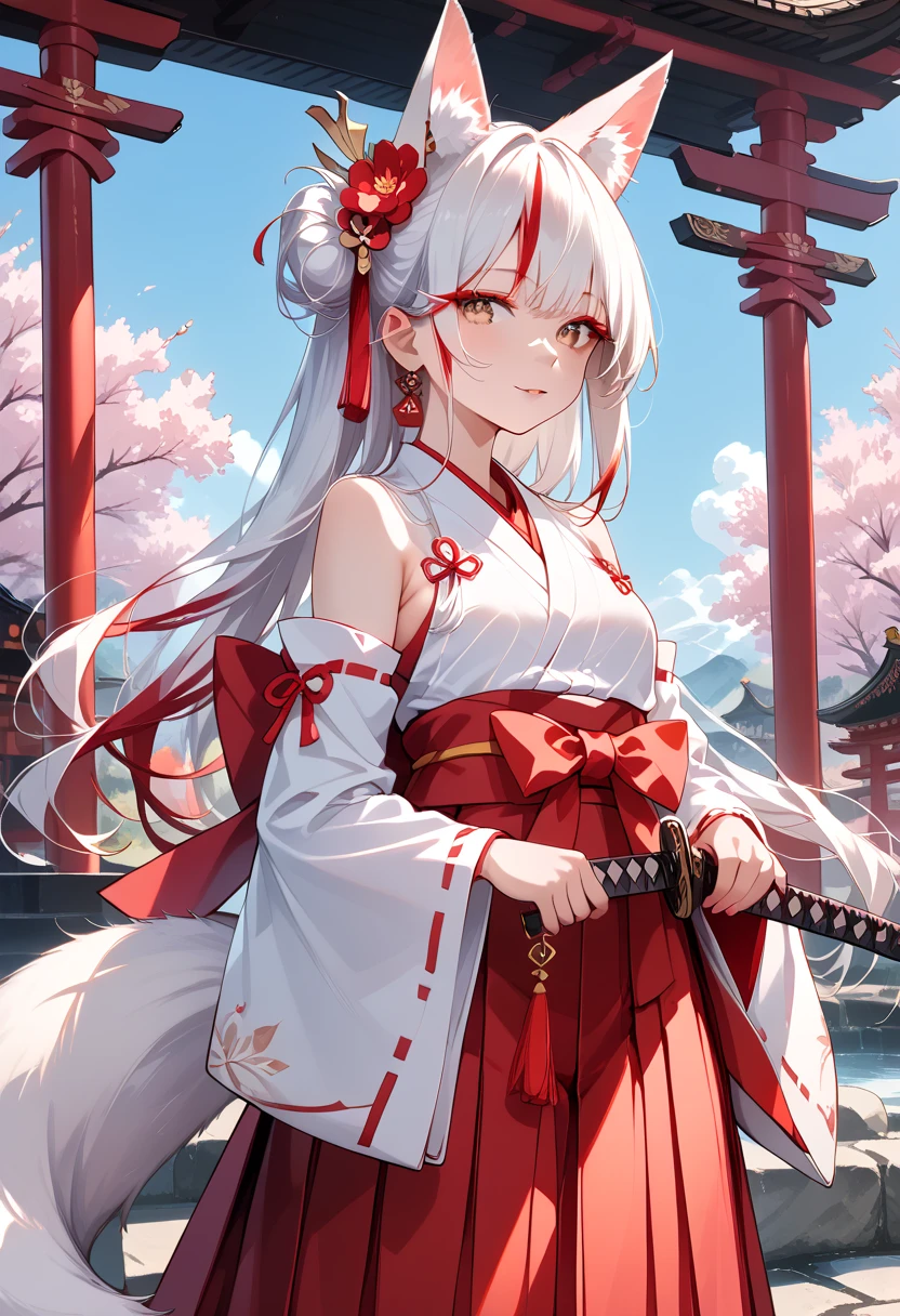 ((masterpiece, best quality, ultra detailed, high resolution, detailed facial description)), (solo, 1 noble woman:1.3), (miko, hakama skirt, detached sleeves), (fox ears, fox, tail), (long white hair, red gradation color hair:1.3), (tsurime:1.3, fox eyes), (red eyeliner), (holding katana, unsheathing:1.3, slashing), looking at viewer, (Japanese traditional shrine)