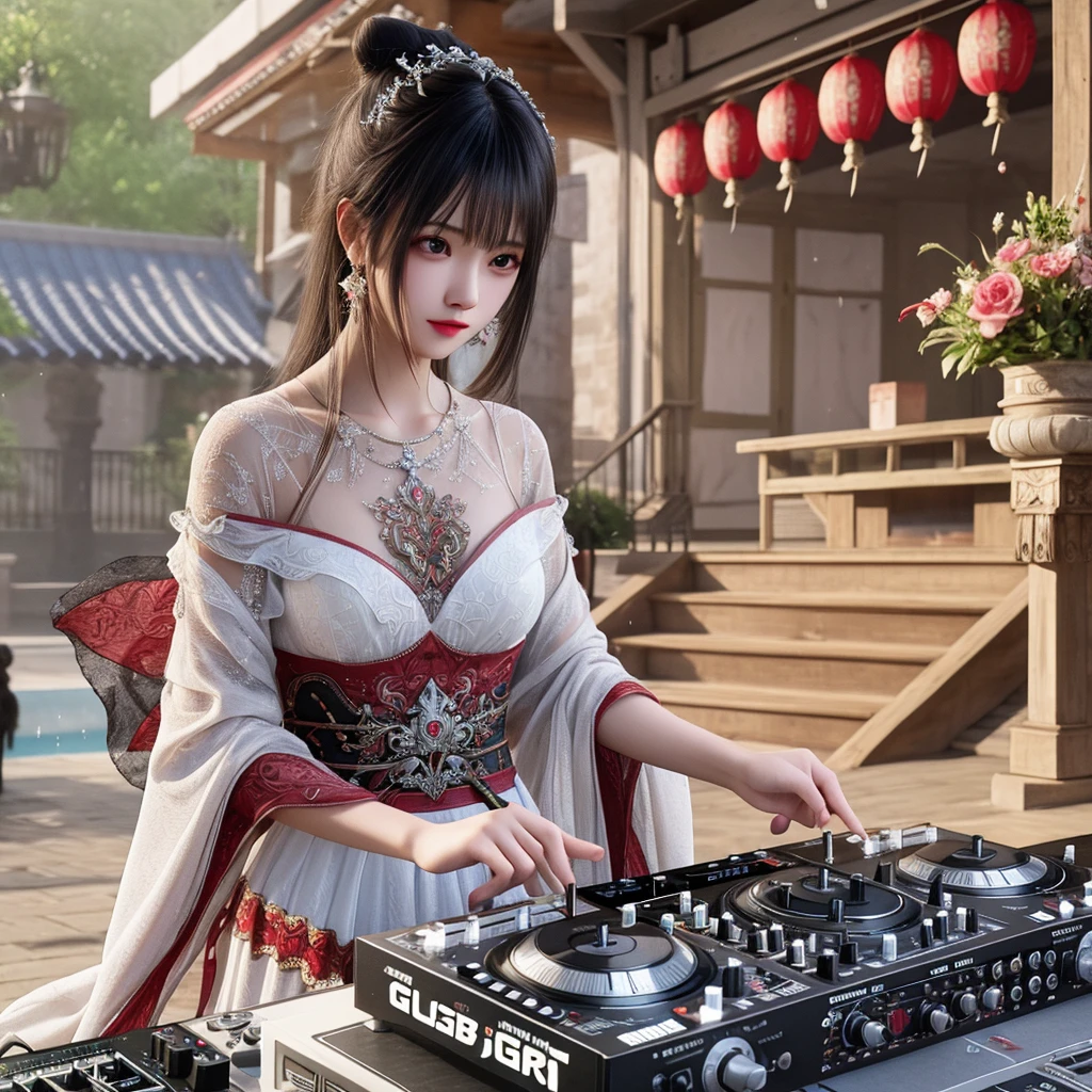 Ultra HD、super high quality、8K、Genuine、Perfect CG、The location is a dimly lit DJ booth..、A beautiful Russian woman in a swimsuit is DJing with headphones。Synthesizers and equipment lined up、She is attractive、Has a flower tattoo.
