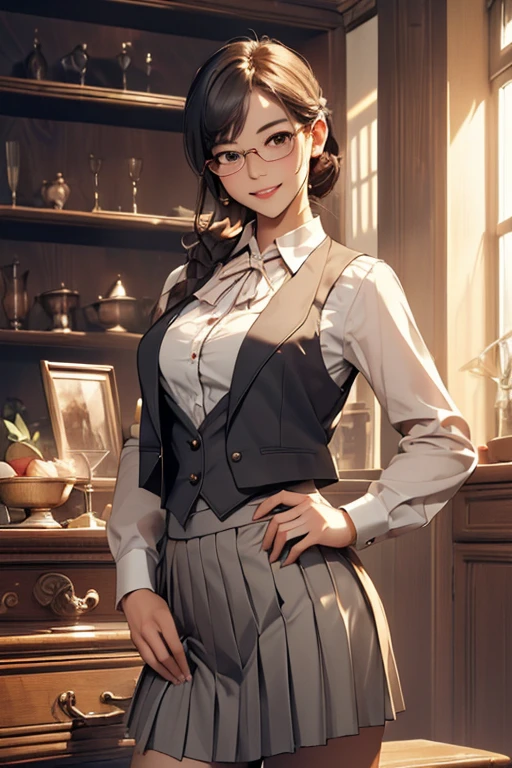 (( top quality )), ((傑 top quality 、masterpiece、High sensitivity、 high res、 detailed depiction 、 delicate face depiction )),Slender woman、Glasses、、ribbon、 pleated skirt、 standing pose、Right hand on waist、The left hand looks 、Ping vest 、 high heels by Miguel、 with a smile、