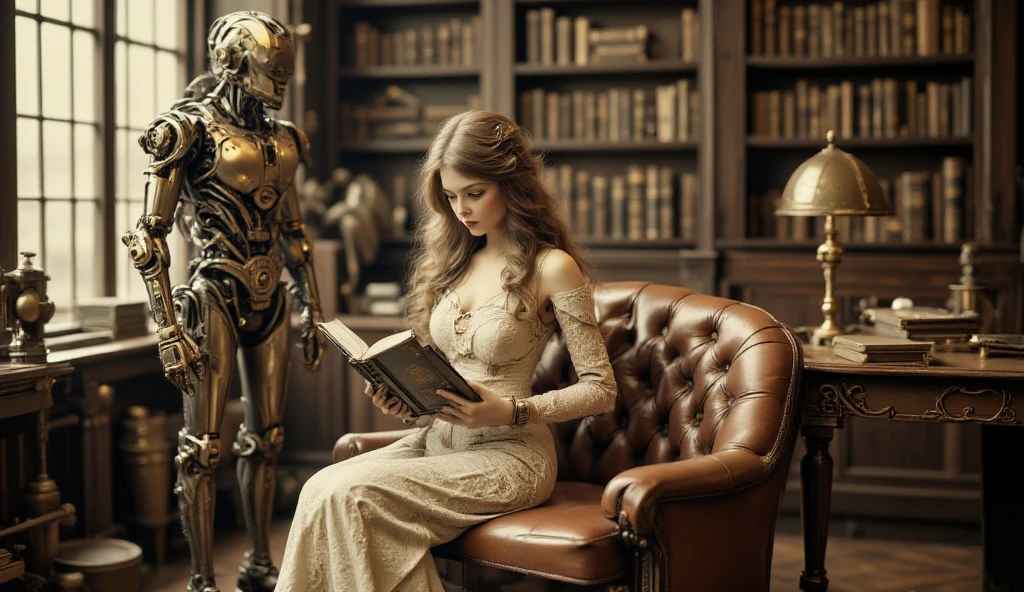 (best quality, 128k,highres,masterpiece:1.2),ultra-detailed,(realistic,photorealistic,photo-realistic:1.37), ((masterpiece)) ((photography)) ((Highest quality)) A vintage scene featuring a young woman reading a book in a cozy, Victorian-style library. She wears a delicate lace dress, her long, flowing blond hair cascading down her back. Beside her, a highly detailed humanoid robot, designed with intricate mechanical parts, stands in contrast. The robot’s polished brass surface, exposed gears, and steam-powered joints add a whimsical yet sophisticated touch, blending futuristic technology with Victorian aesthetics. The library's shelves are stacked with old, leather-bound books, and the classic wooden furniture adds to the warmth of the setting. Soft, diffused lighting filters through large windows, casting a nostalgic glow over the scene, where elegance and steampunk-inspired futurism coexist in perfect harmony.