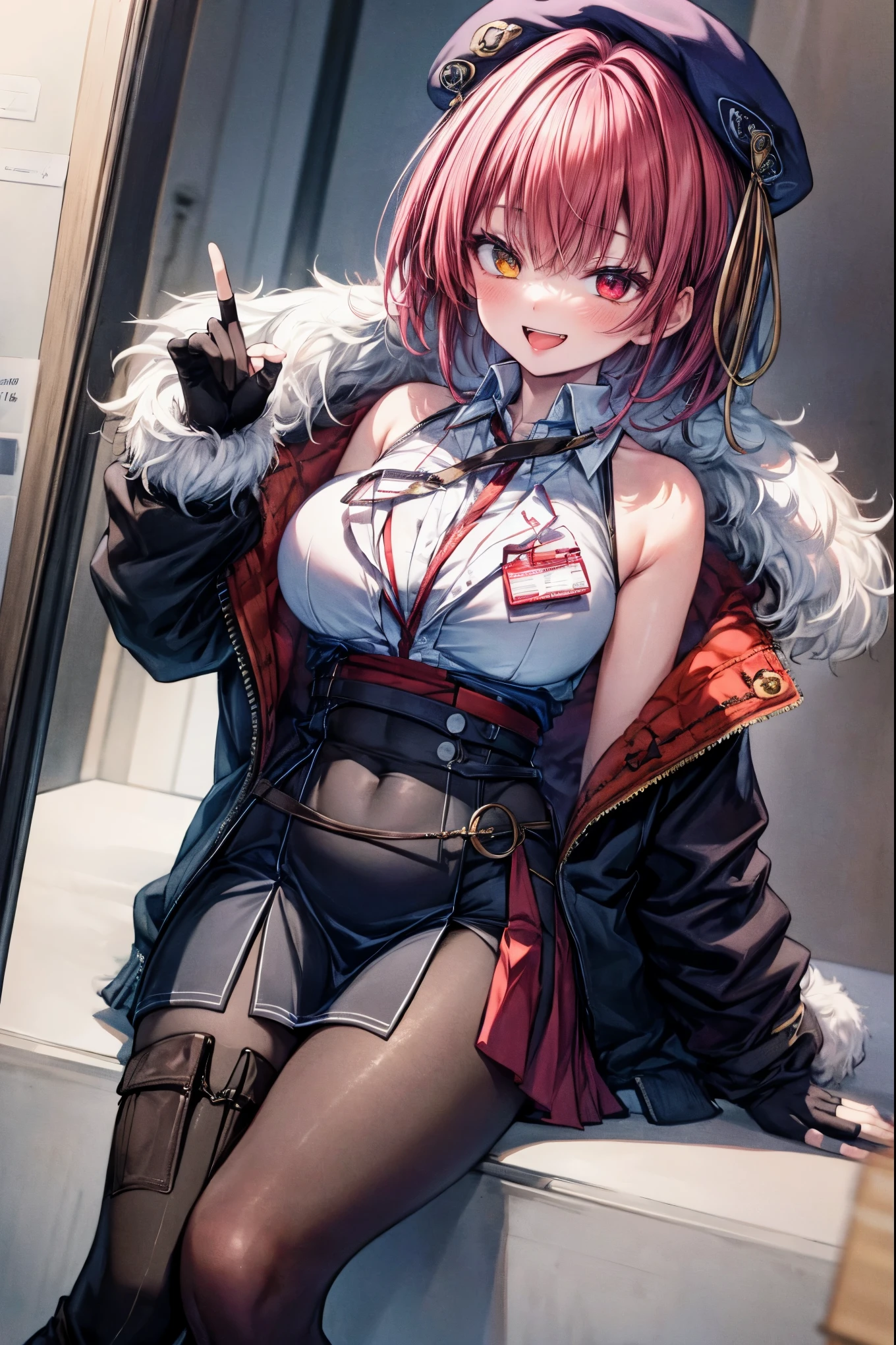pink_background, red_background, 1girl, fur_trim, bow, garter_belt, black_bow, animal_ears, purple_background, thighhighs, solo, jacket, cowboy_shot,