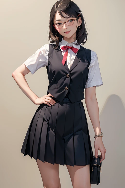 (( top quality )), ((傑 top quality 、masterpiece、High sensitivity、 high res、 detailed depiction 、 delicate face depiction )),Slender woman、Glasses、、ribbon、 pleated skirt、 standing pose、Right hand on waist、The left hand looks 、Ping vest 、 high heels by Miguel、 with a smile、