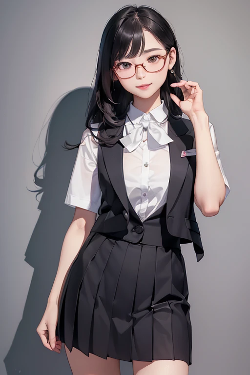 (( top quality )), ((傑 top quality 、masterpiece、High sensitivity、 high res、 detailed depiction 、 delicate face depiction )),Slender woman、Glasses、、ribbon、 pleated skirt、 standing pose、Right hand on waist、The left hand looks 、Ping vest 、 high heels by Miguel、 with a smile、